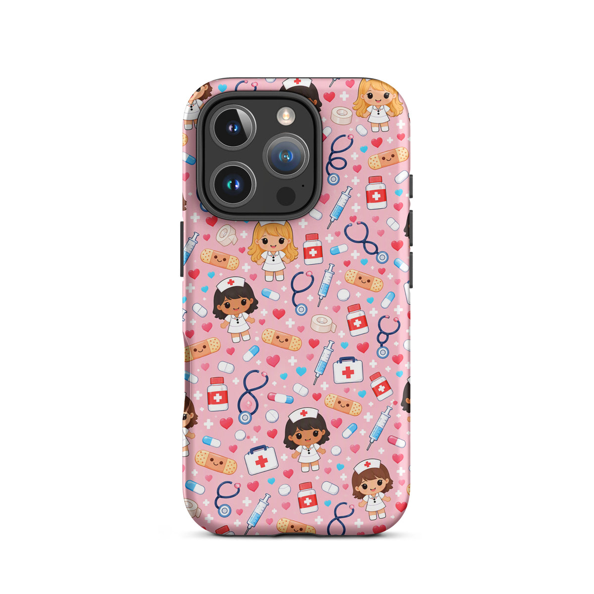 Phone Case for iPhone with kawaii nurse medical pattern on pink background, featuring stethoscopes, bandages, medicine, and more.