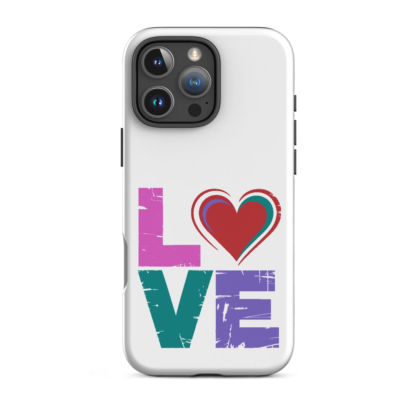 Love Tough Dual Layerd Case for iPhones featuring colorful 'love' design with heart.