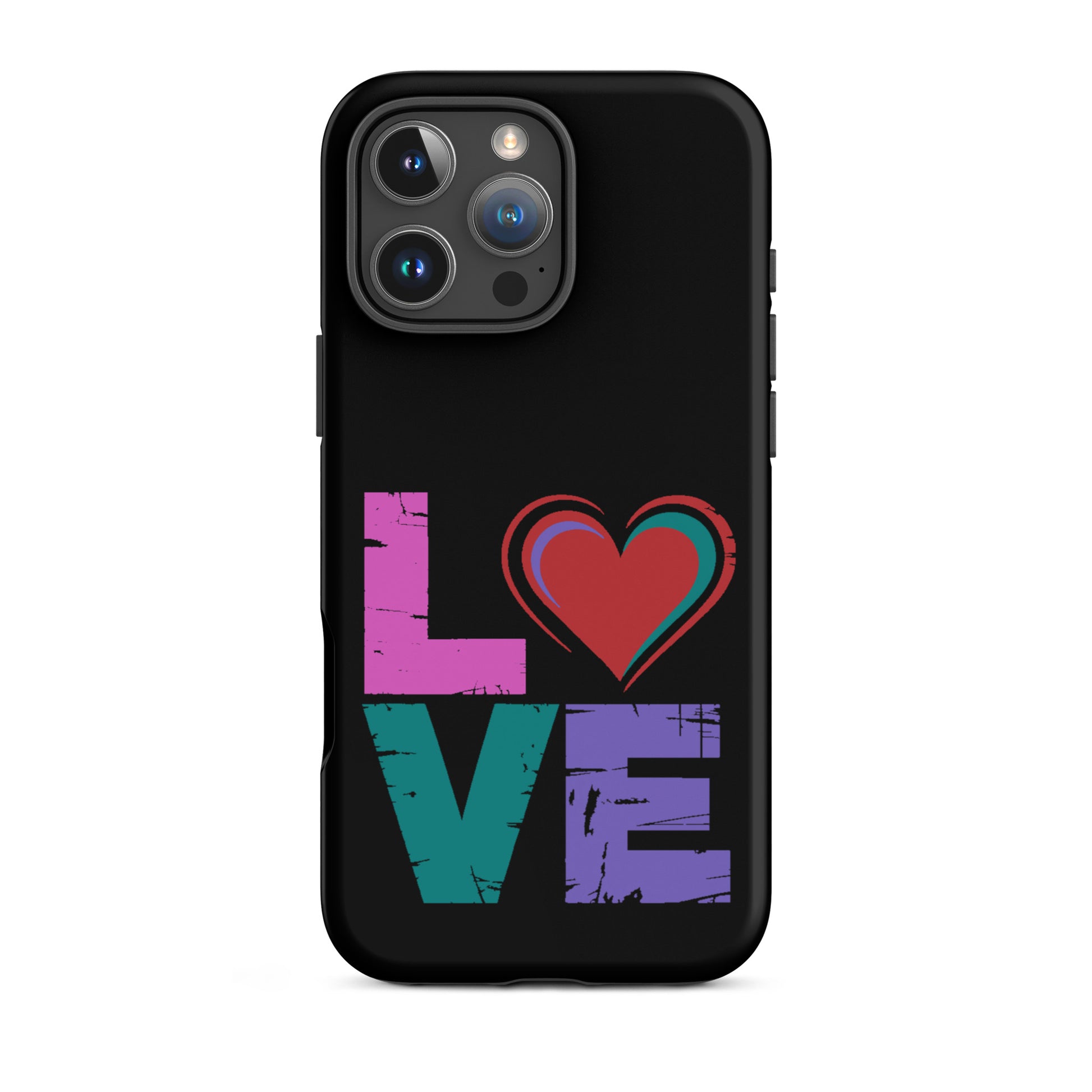 Love Tough Dual Layered Case for iPhones showcasing vibrant 'LOVE' design with a heart.