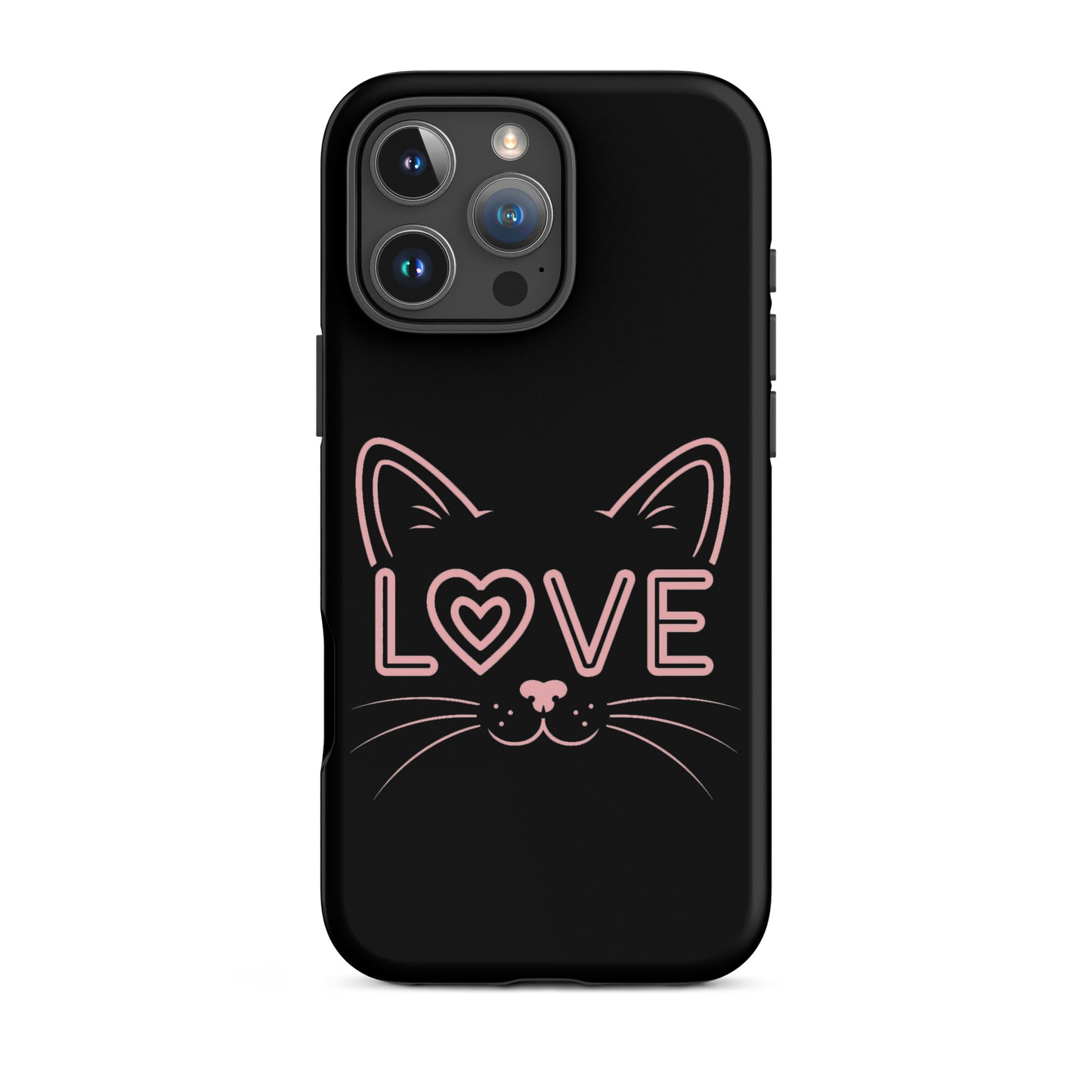 Cat Love phone case for iPhone featuring minimalist cat face and the word love in pink on a black background.