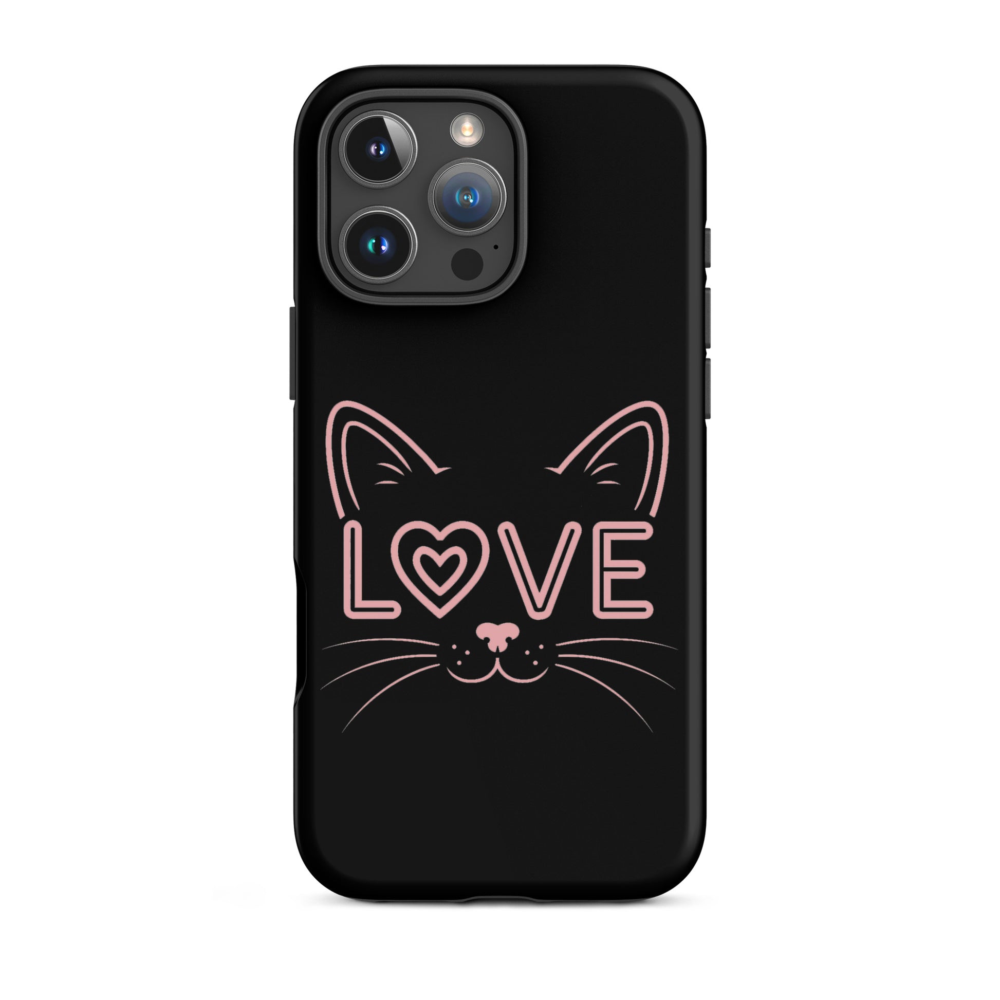 Cat Love phone case for iPhone featuring minimalist cat face and the word love in pink on a black background.