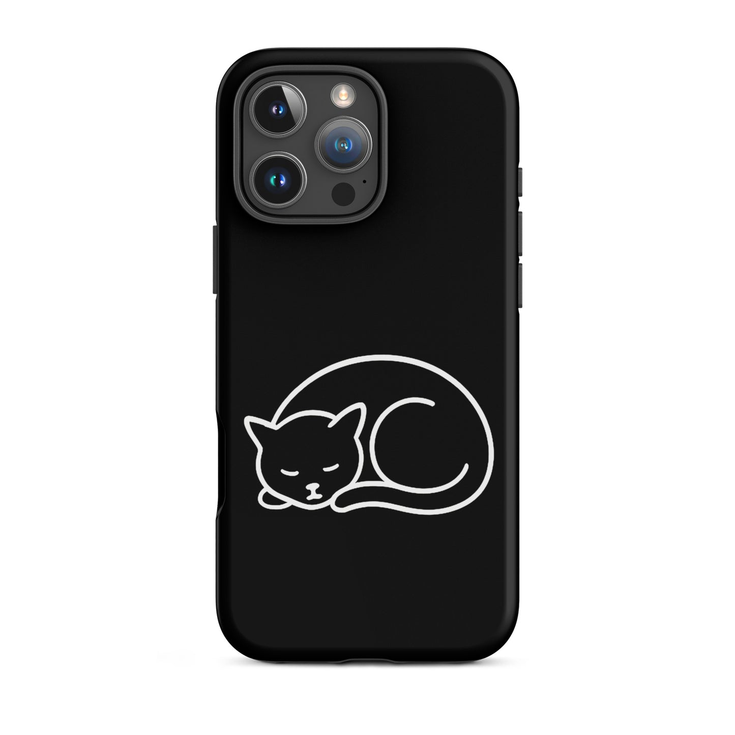 Phone case for iPhone featuring a minimalist curled-up cat design in white on a black background.