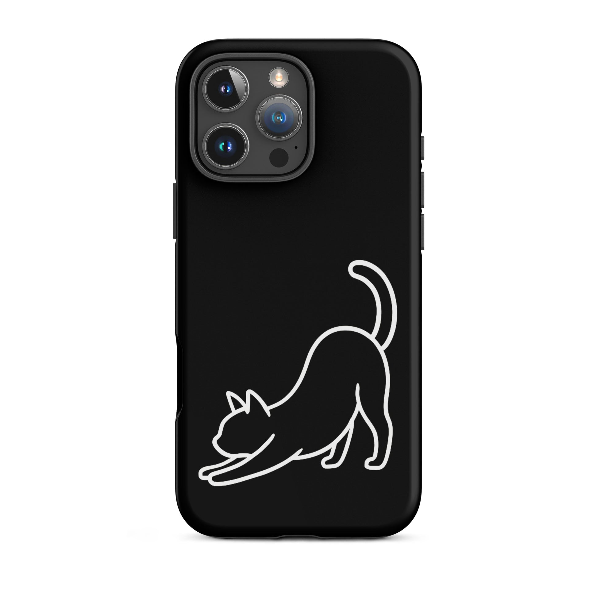 Phone Case featuring minimalist stretching cat design on a black dual-layer protective cover.