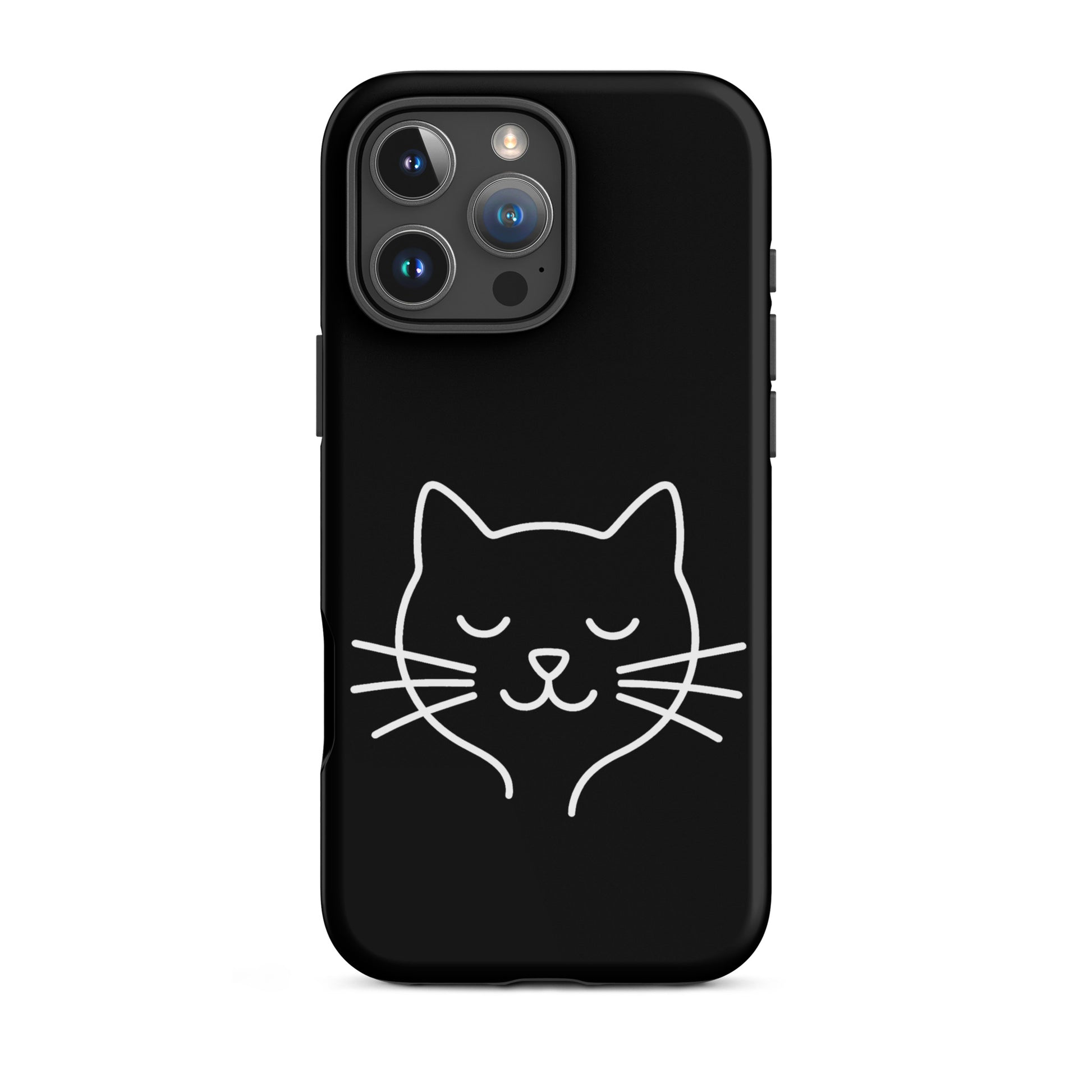 Phone Case for iPhone featuring a cute minimalist cat line art design on a black background.