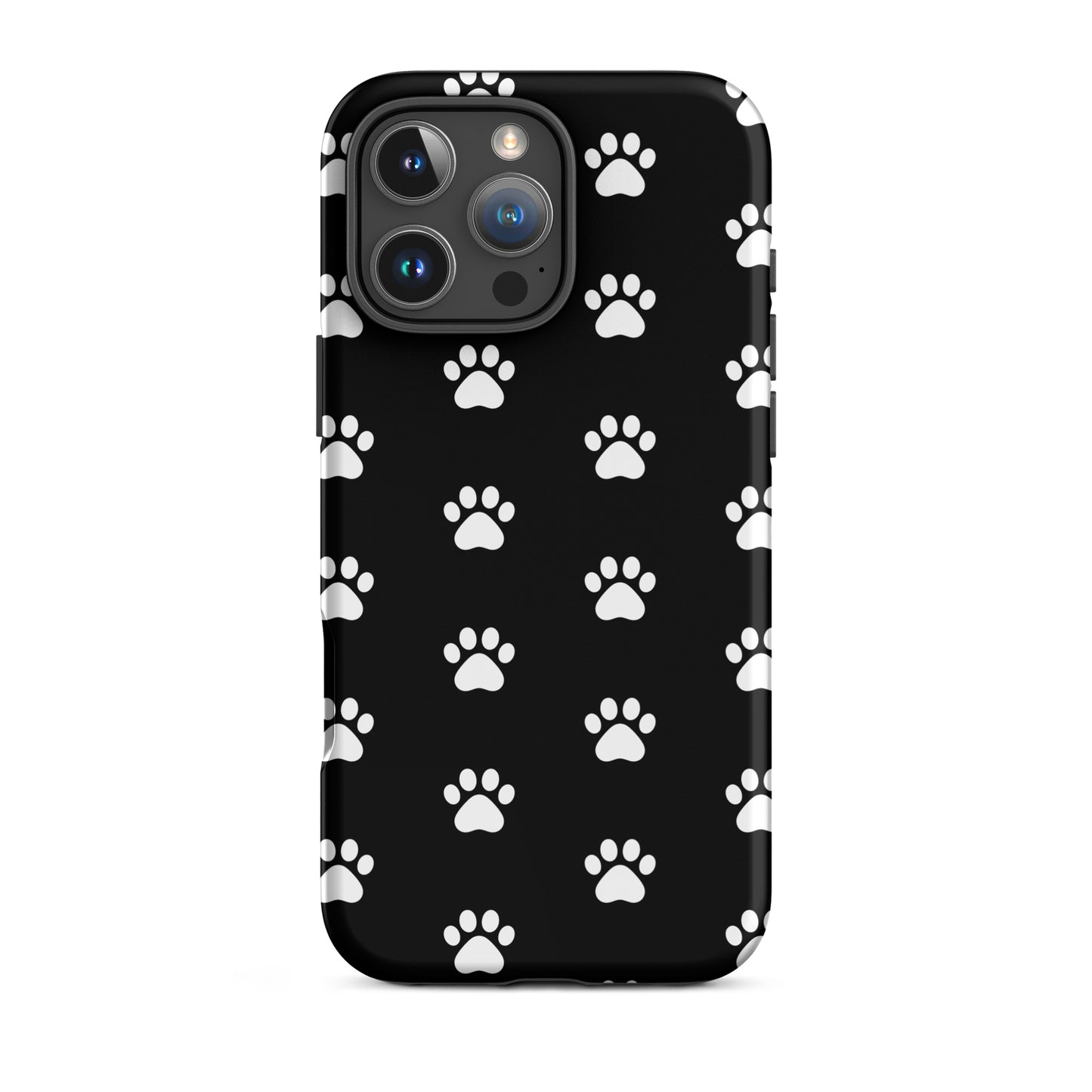 Phone Case for iPhone featuring a stylish black design with white paw prints, perfect for pet lovers.