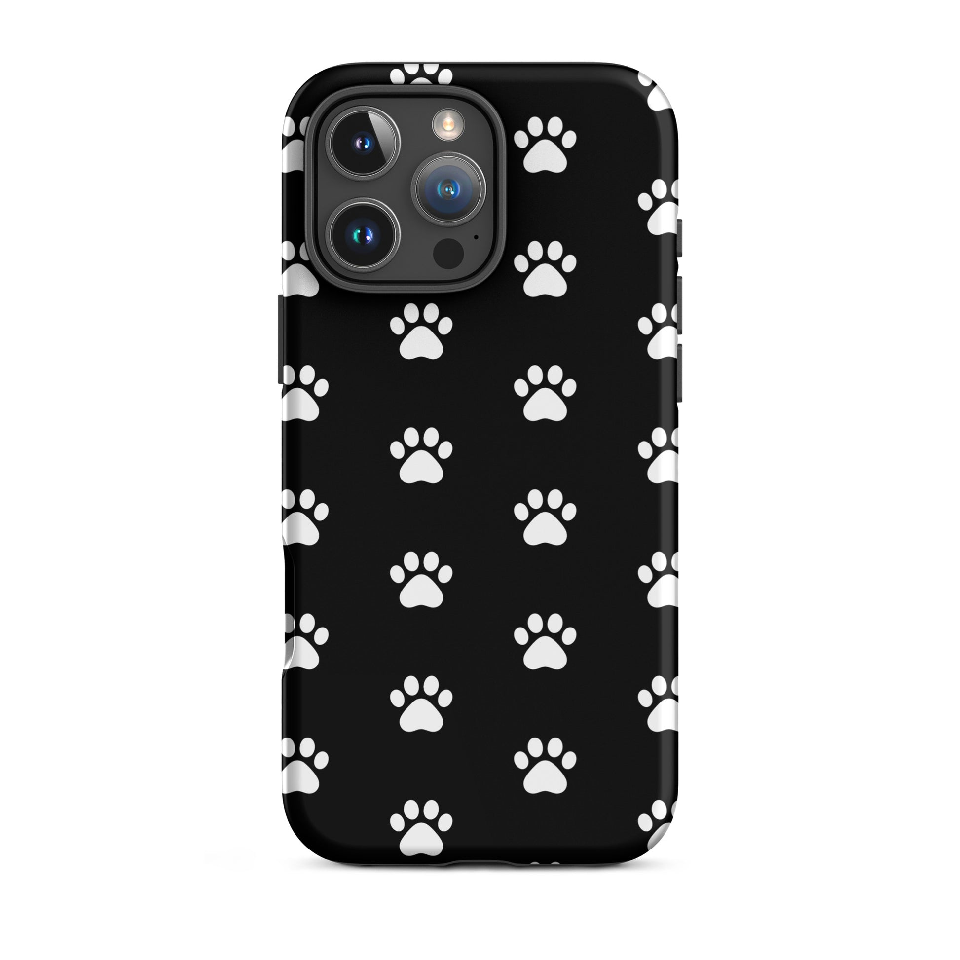 Phone Case for iPhone featuring a stylish black design with white paw prints, perfect for pet lovers.
