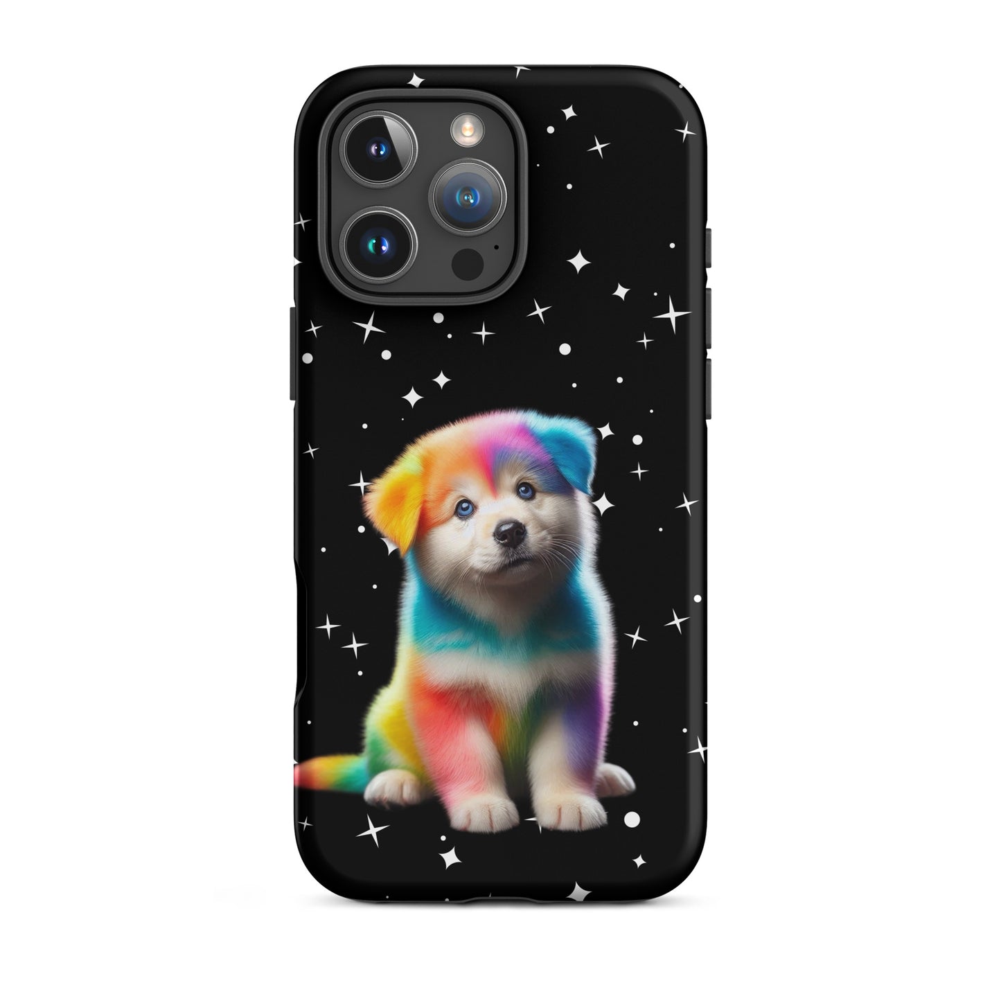 Phone Case featuring a colorful rainbow puppy design against a starry night background for iPhone.