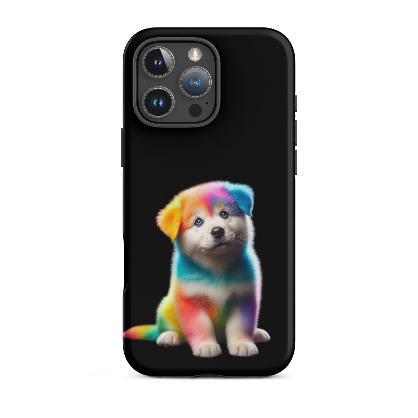 Phone Case featuring a colorful rainbow puppy design on a black background for iPhone users.