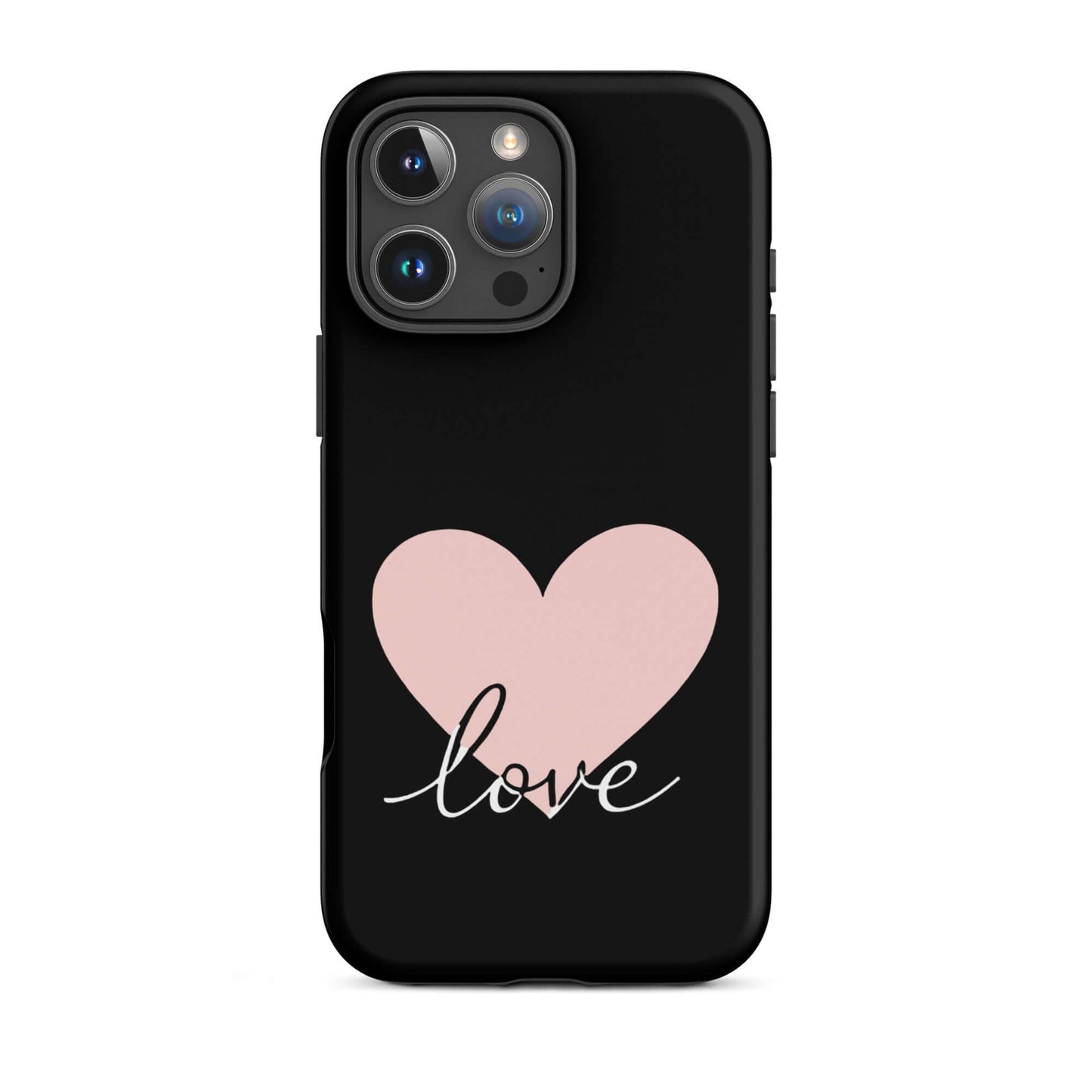 Phone Case for iPhone featuring a pink heart and script 'love' design on a black background.