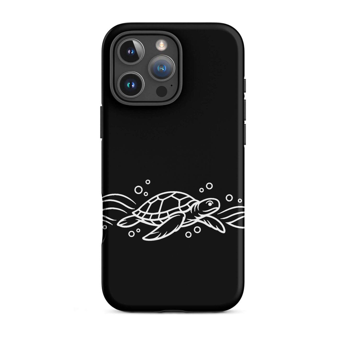 Phone Case featuring a minimalist sea turtle design with abstract waves and bubbles on a sleek black background.