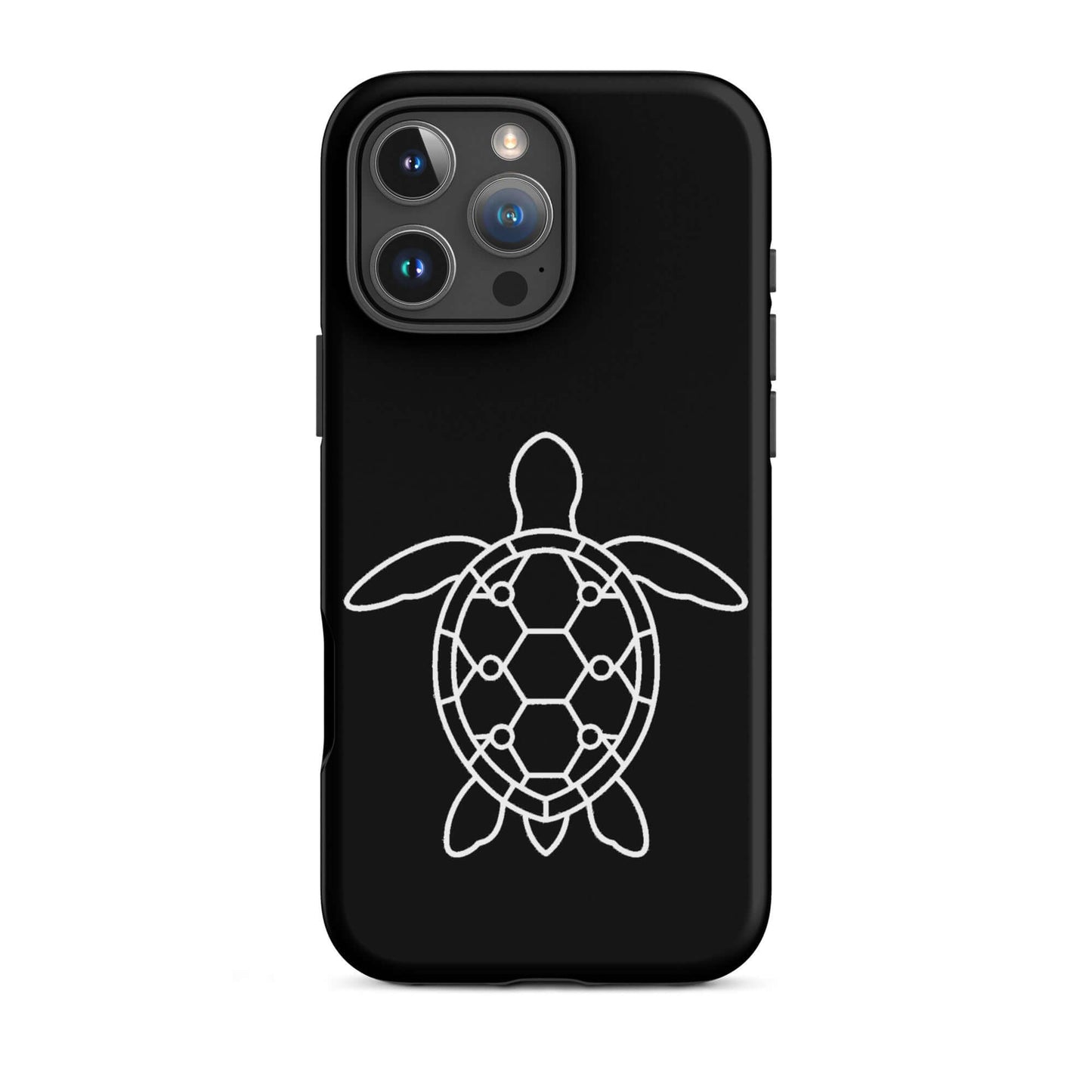 phone case featuring a minimalist sea turtle silhouette with geometric shell pattern in white on a black background.