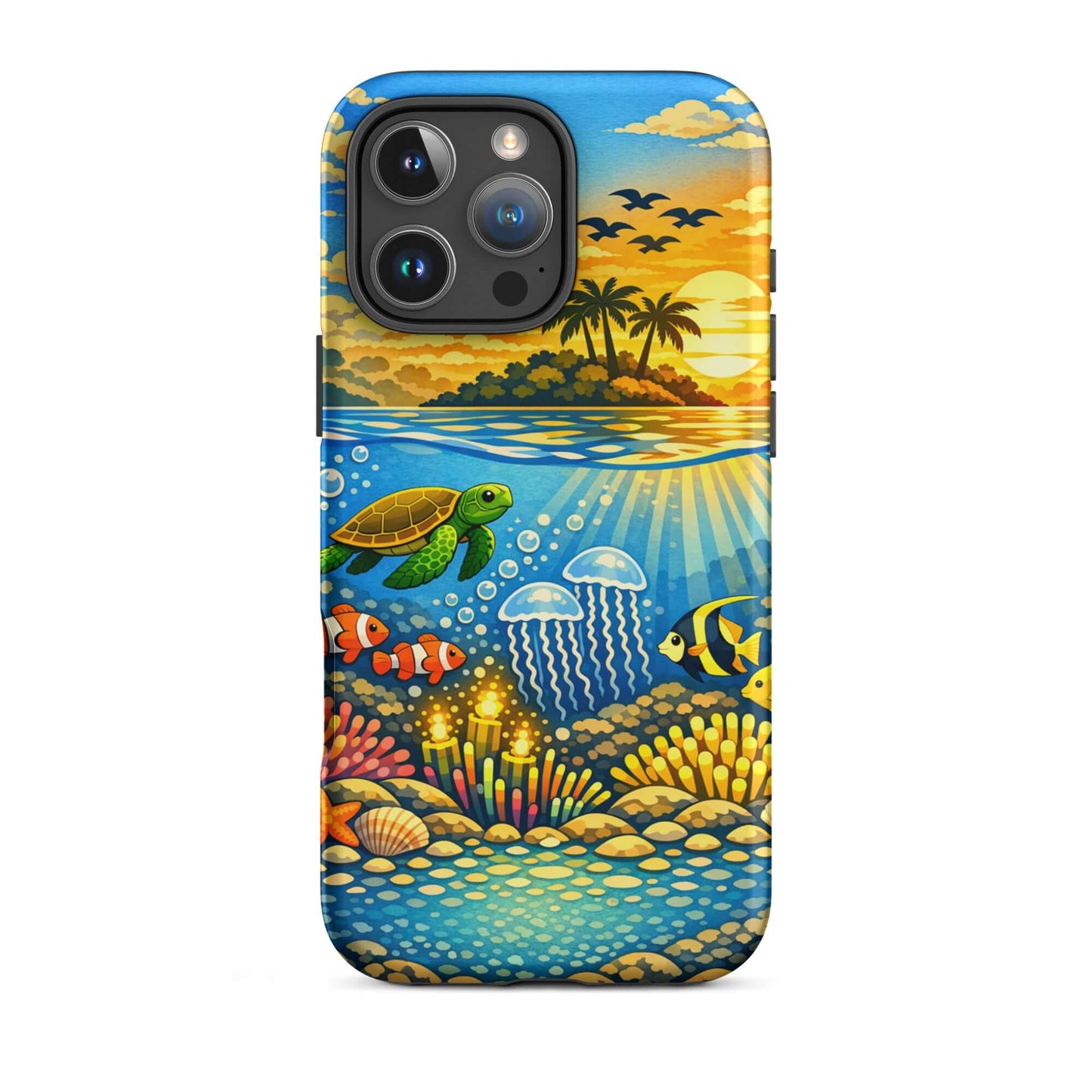 Phone Case featuring vibrant tropical sunset and colorful underwater reef illustration.