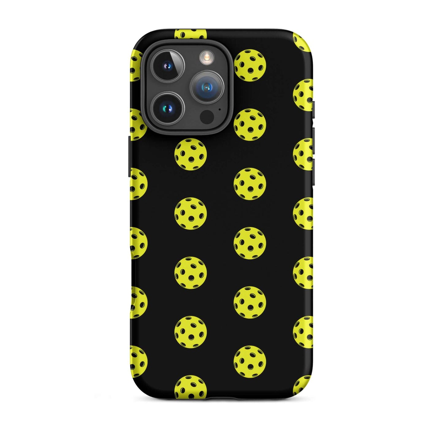 Phone Case featuring a playful pickleball pattern on a black background, perfect for sporty style.