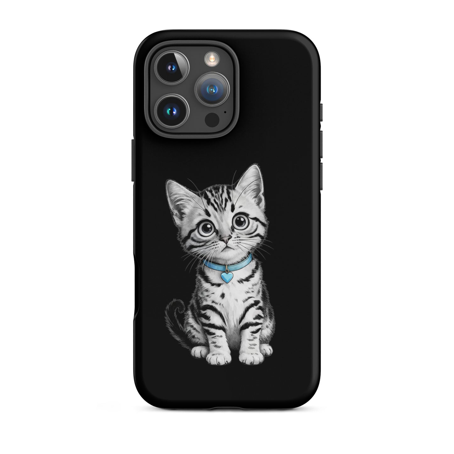 Phone Case with kitten sketch and blue heart charm for iPhone, featuring black-and-white artistic design.