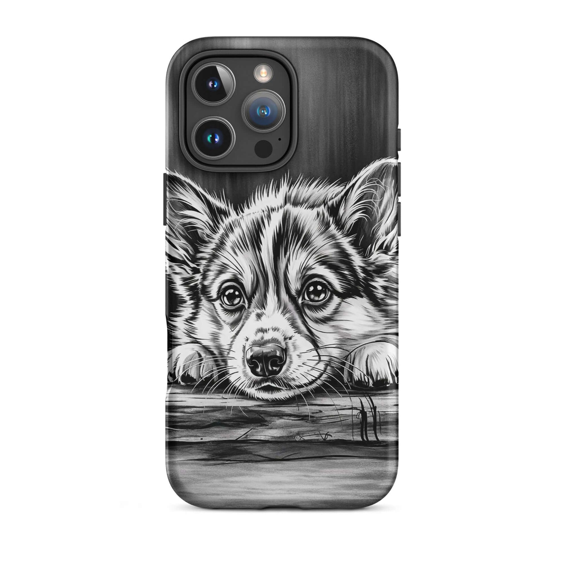 Phone Case with elegant black-and-white puppy art, offering premium protection and refined style for iPhone users.