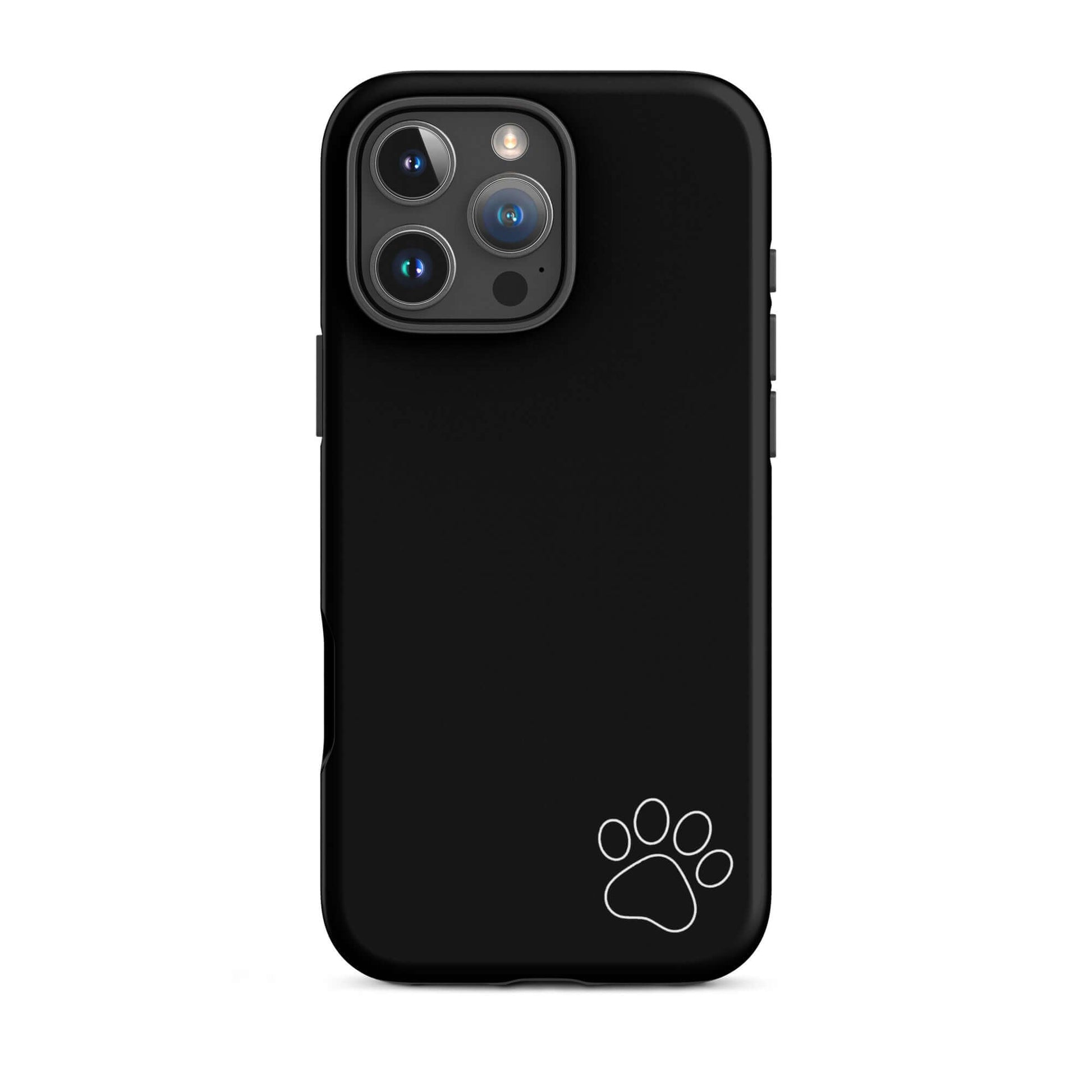 Black Phone Case for iPhone with white paw print, minimalist design, sleek tough case for pet lovers and style enthusiasts.