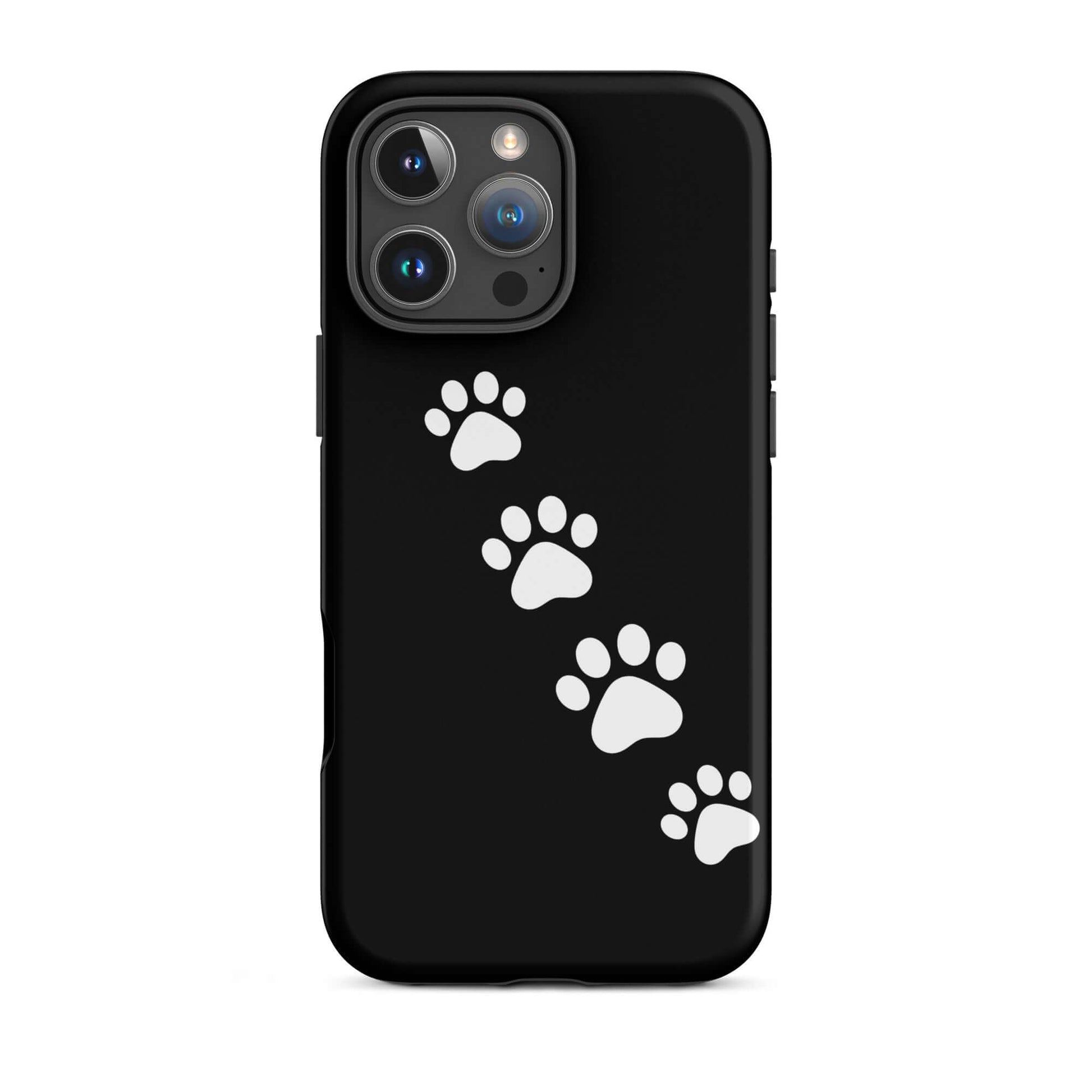 Phone case featuring white paw-print trail design on black background for pet lovers.