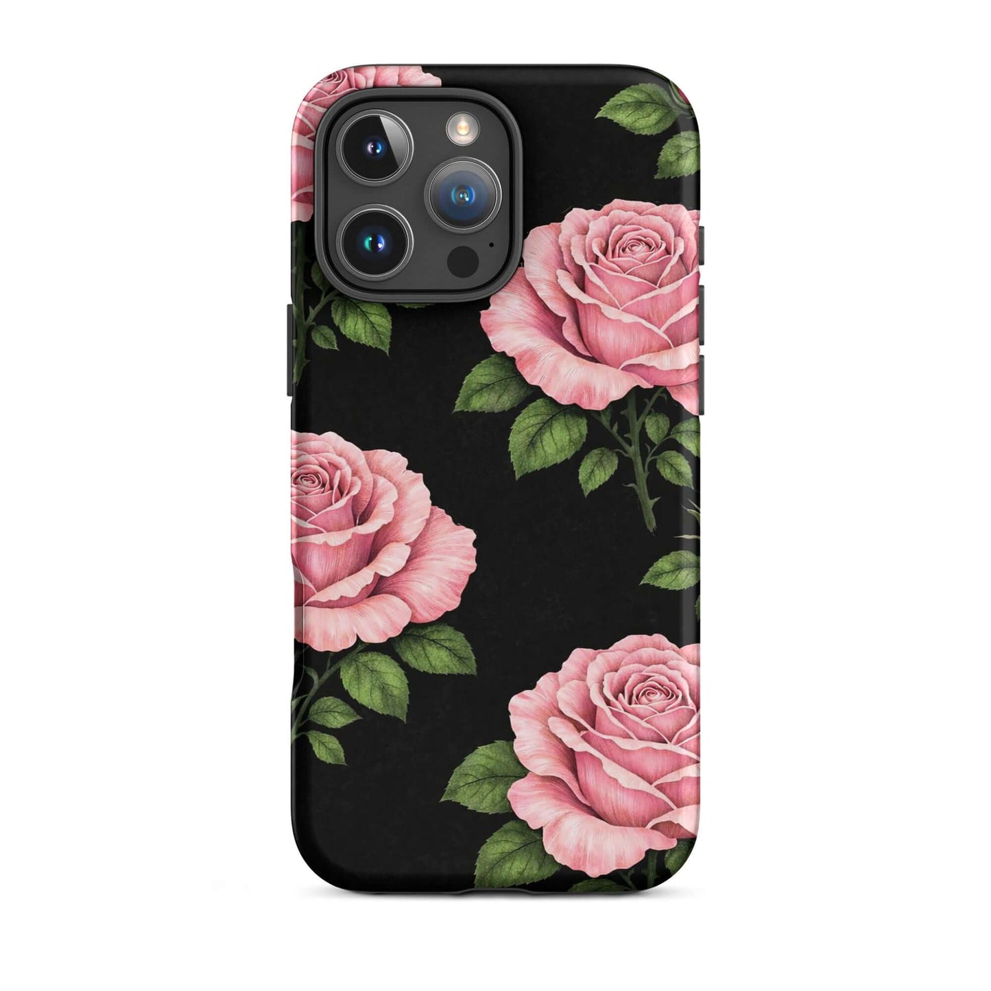 Pink Rose Garden Tough Phone Case for iPhone with floral design on black background.