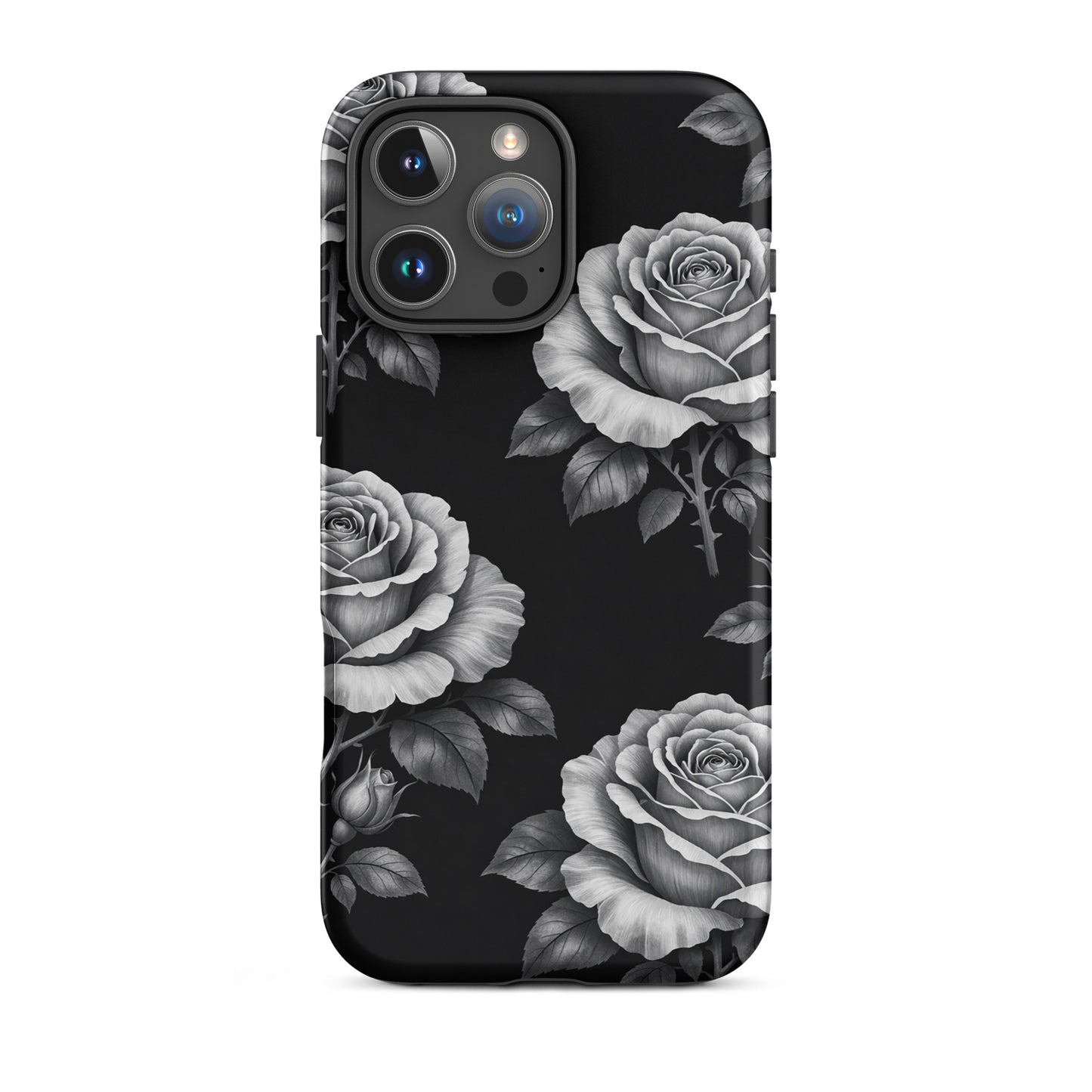 Phone Case for iPhone with hand-sketched rose pattern on black background, Rose Garden Tough Case, floral design, protective cover.