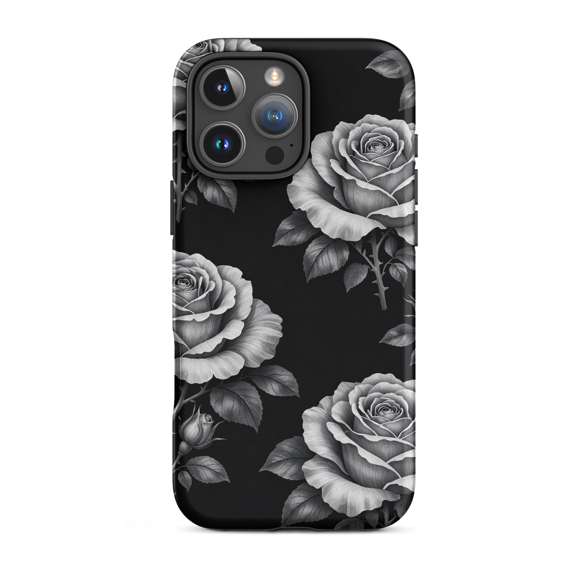 Phone Case for iPhone with hand-sketched rose pattern on black background, Rose Garden Tough Case, floral design, protective cover.
