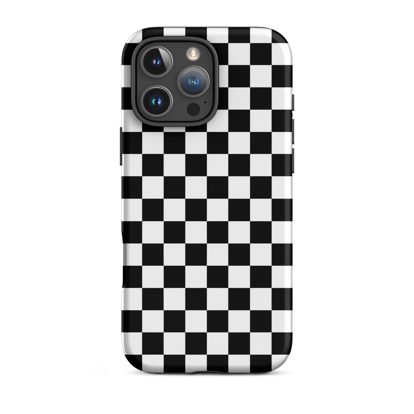Bold checkered Phone Case for iPhone featuring a black-and-white racing pattern, adding a playful vibe to your device.