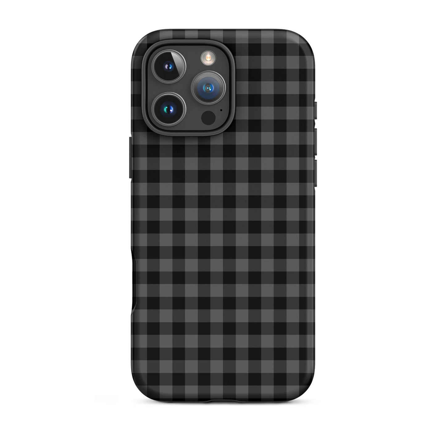 Phone Case with black-and-charcoal gingham pattern for iPhone, offering stylish design and durable protection.
