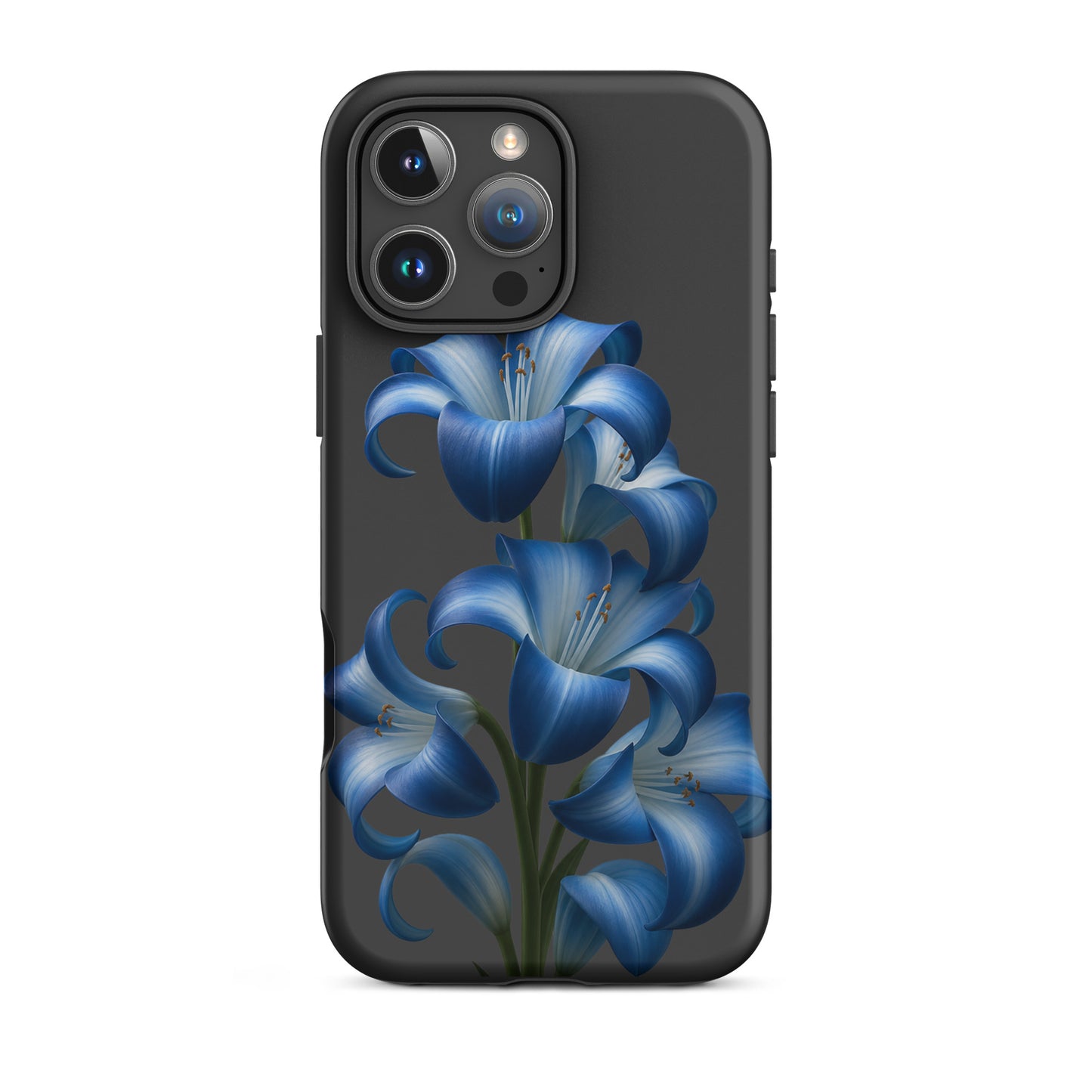 Phone Case for iPhone with blue lily bloom art on dark background for a stylish and protective finish