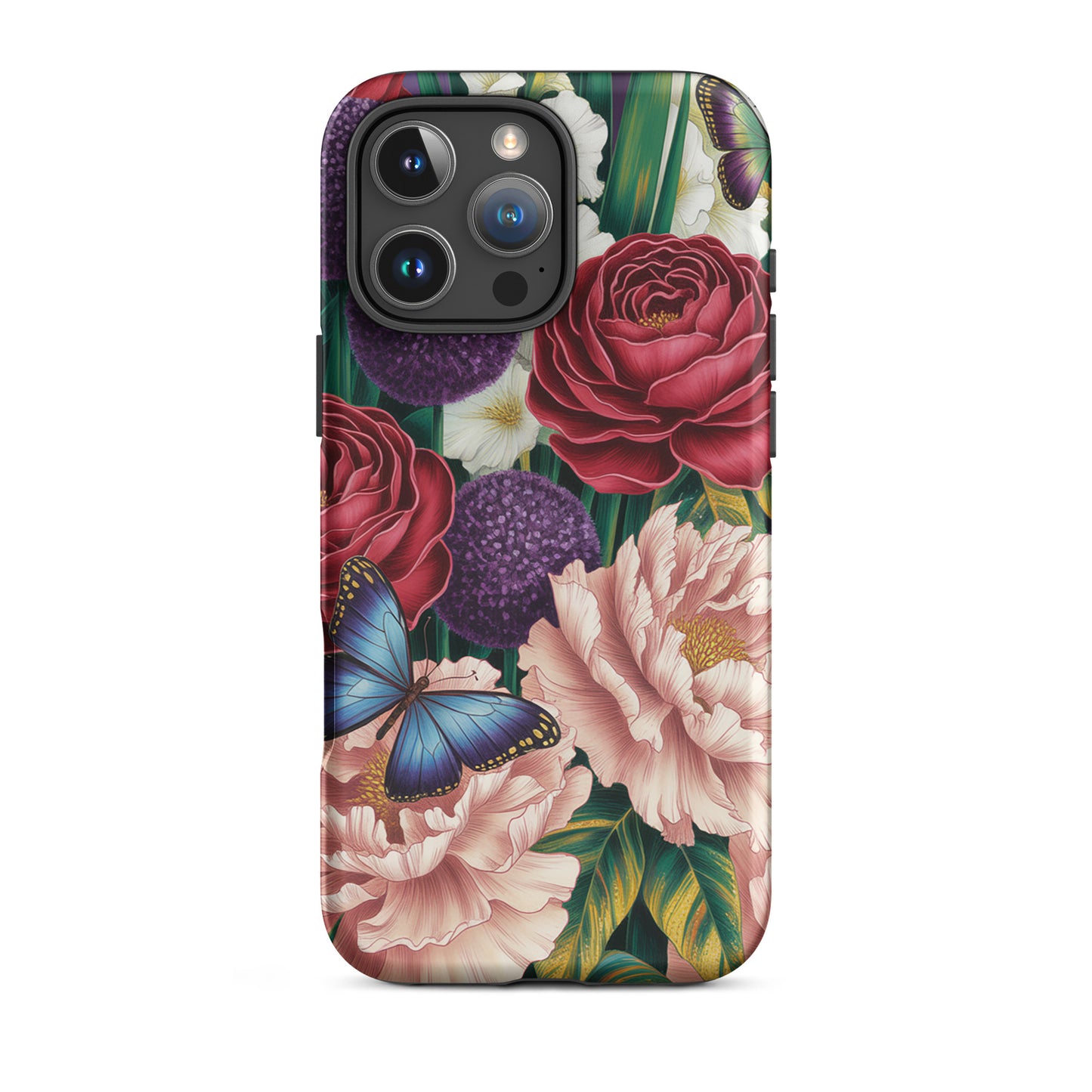 Phone Case for iPhone with botanical garden design featuring crimson roses, pink peonies, purple alliums, and blue butterflies.