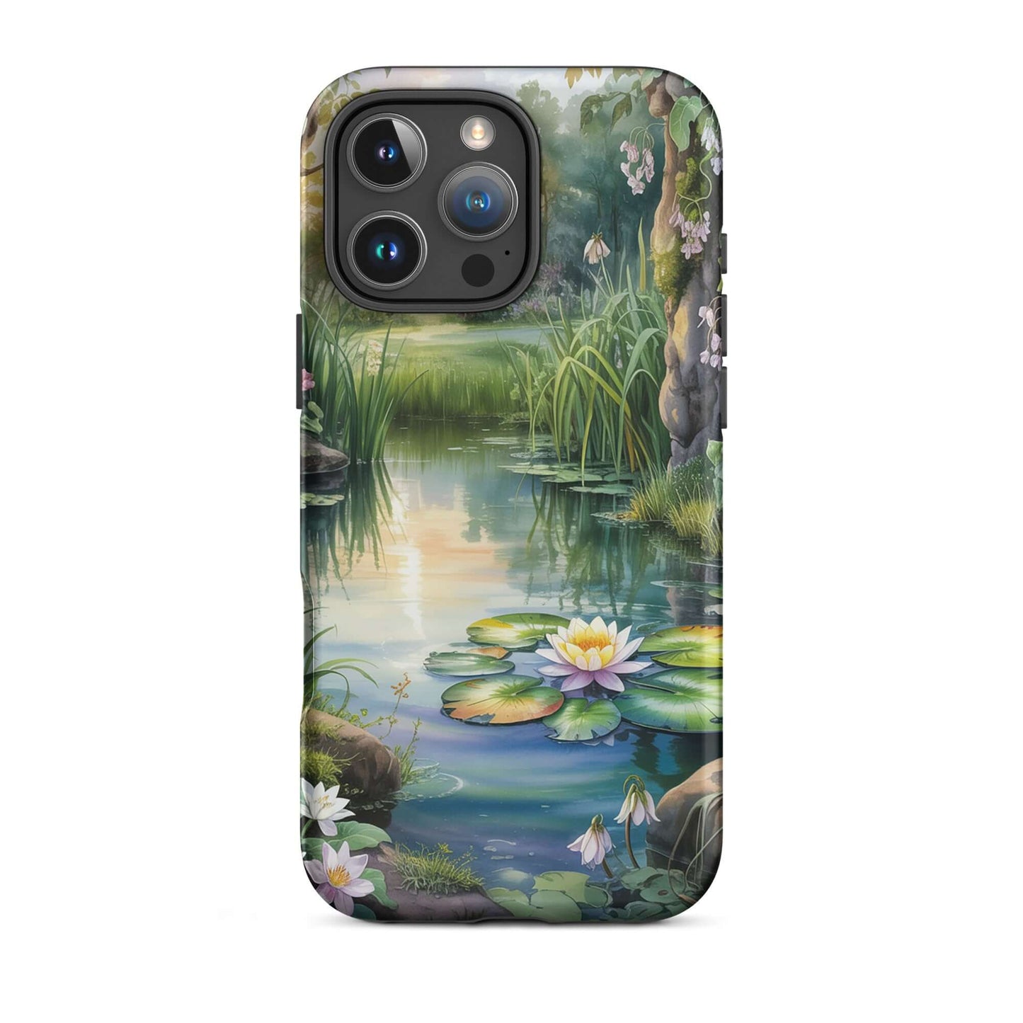 Enchanted Pond Phone Case for iPhone with lily pond design, lush greenery, and wildflowers
