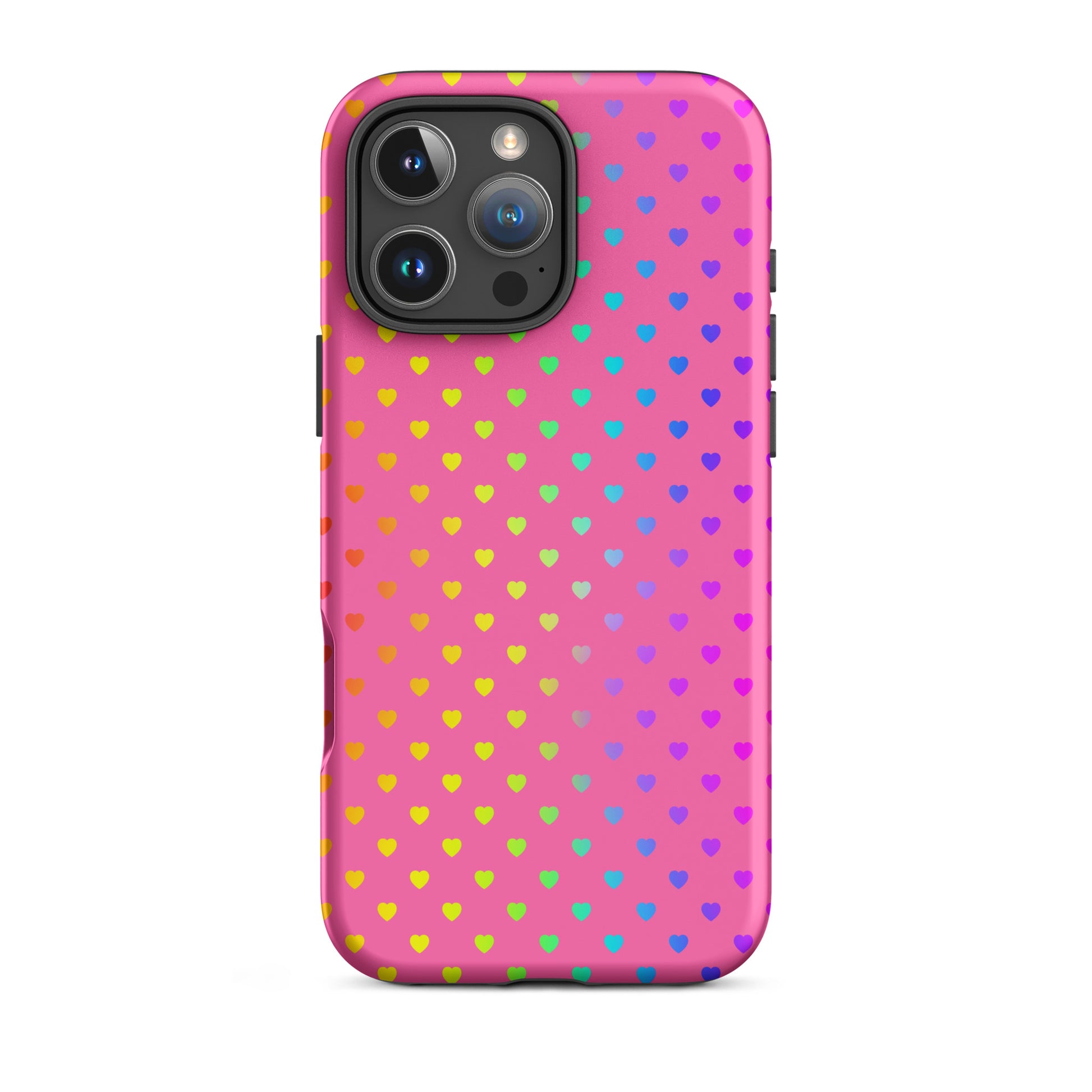 Phone Case for iPhone with cute rainbow hearts on a pink background, showcasing a playful and protective design.