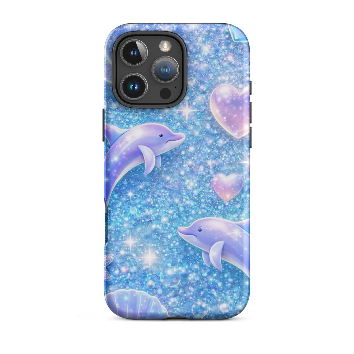 Phone Case with ocean glitter dolphins, moonlit shells, and celestial accents for iPhone