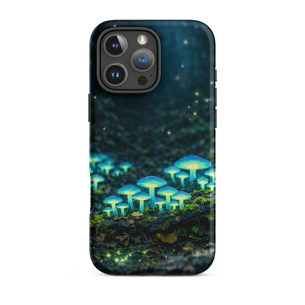 Phone Case with glowing forest mushrooms, featuring dreamy bioluminescent design, compatible with iPhone. Magical woodland scene.