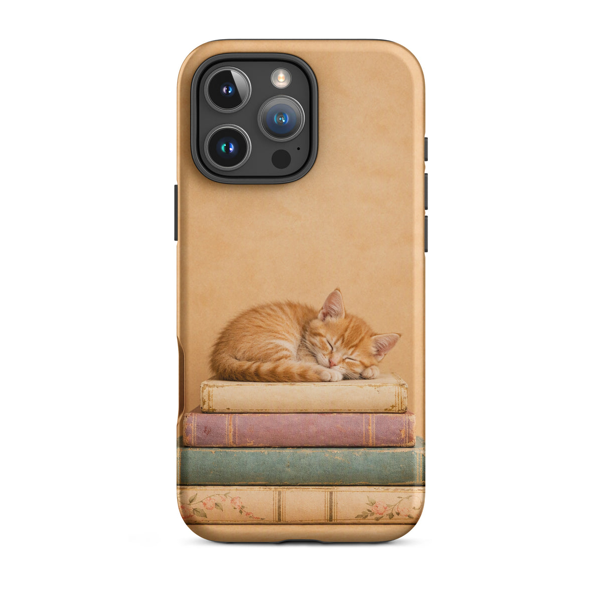 Phone Case for iPhone featuring a sleeping orange kitten on a stack of vintage books with warm neutral colors.