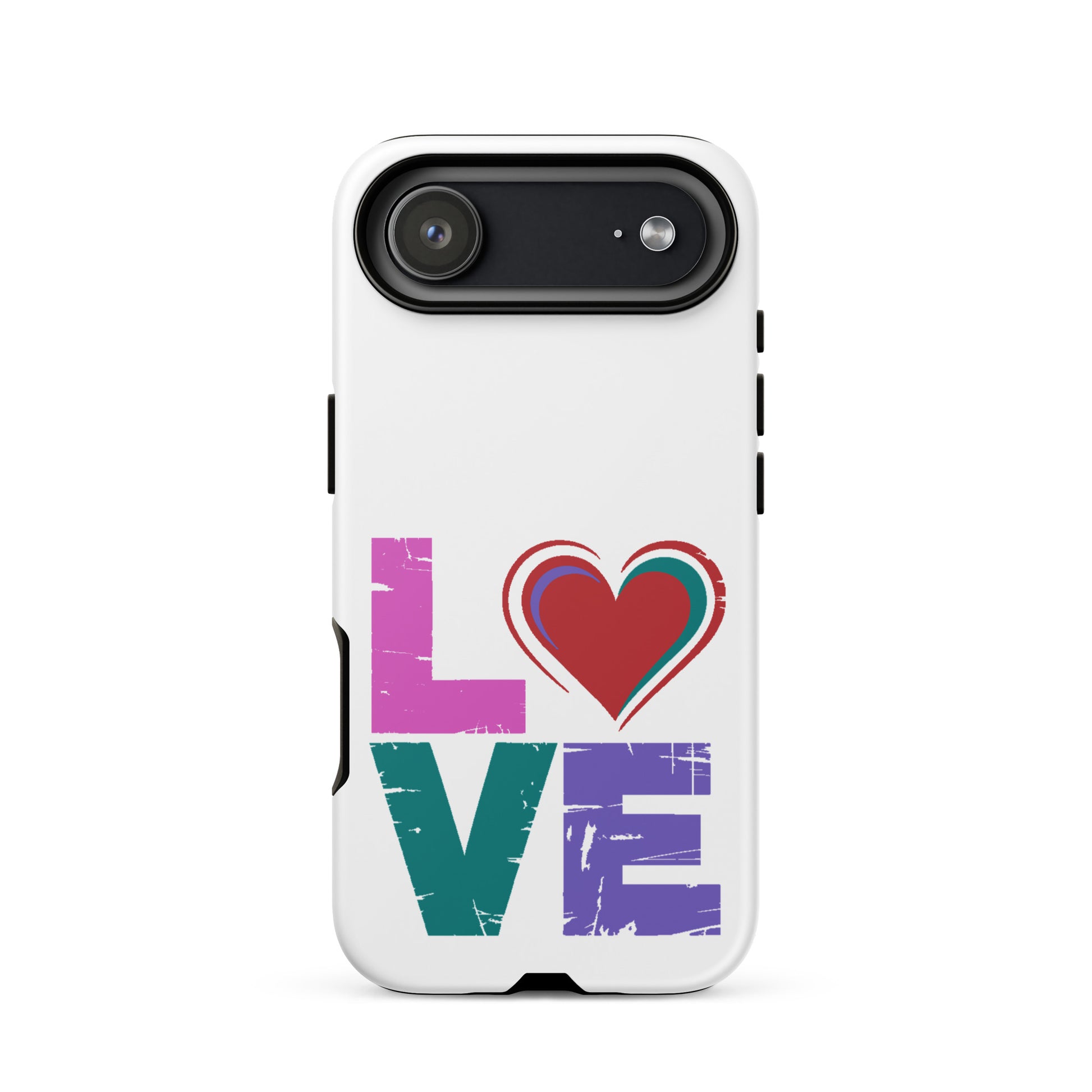 Love Tough Dual Layerd Case for iPhones featuring colorful 'love' design with heart.