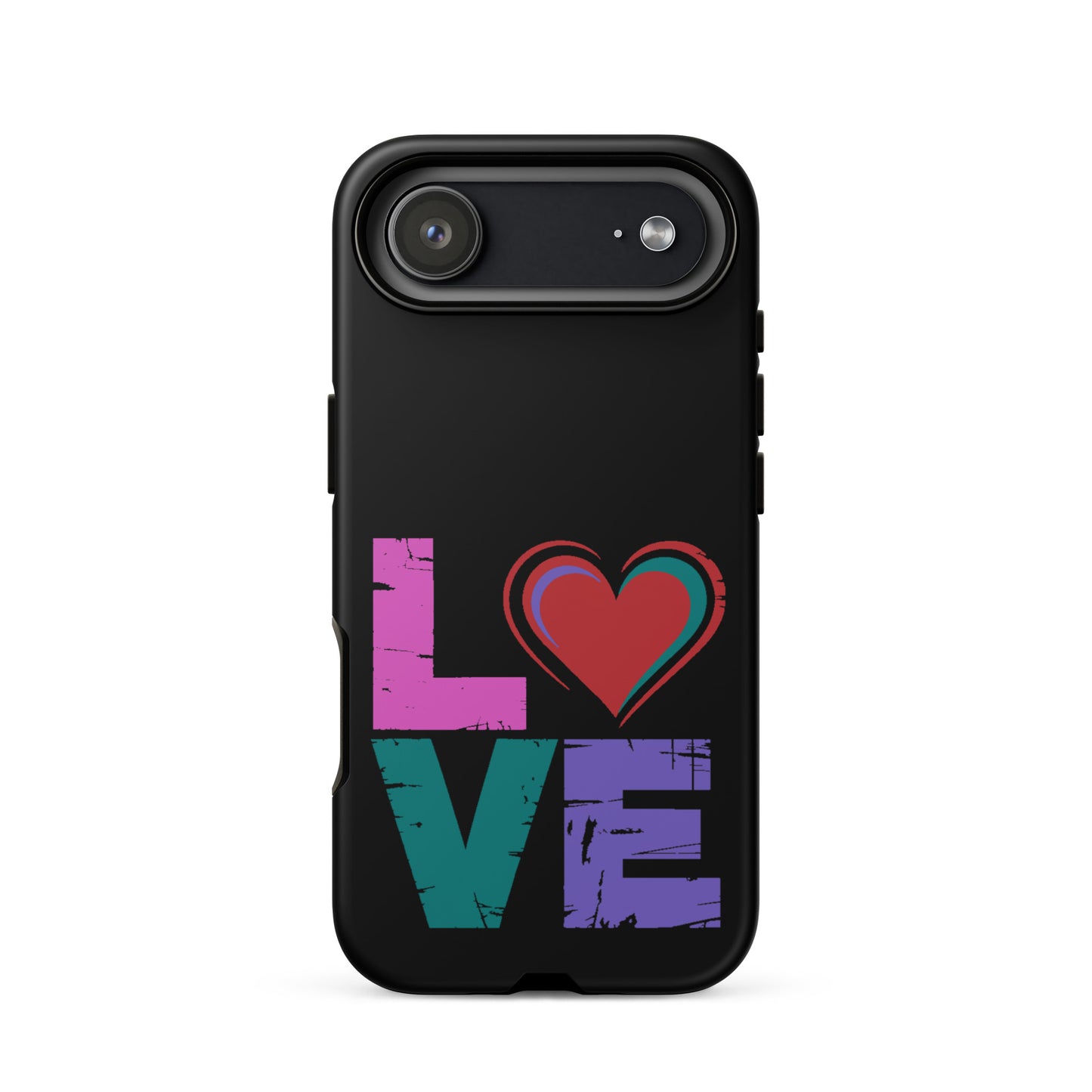 Love Tough Dual Layered Case for iPhones featuring colorful "LOVE" design with heart.