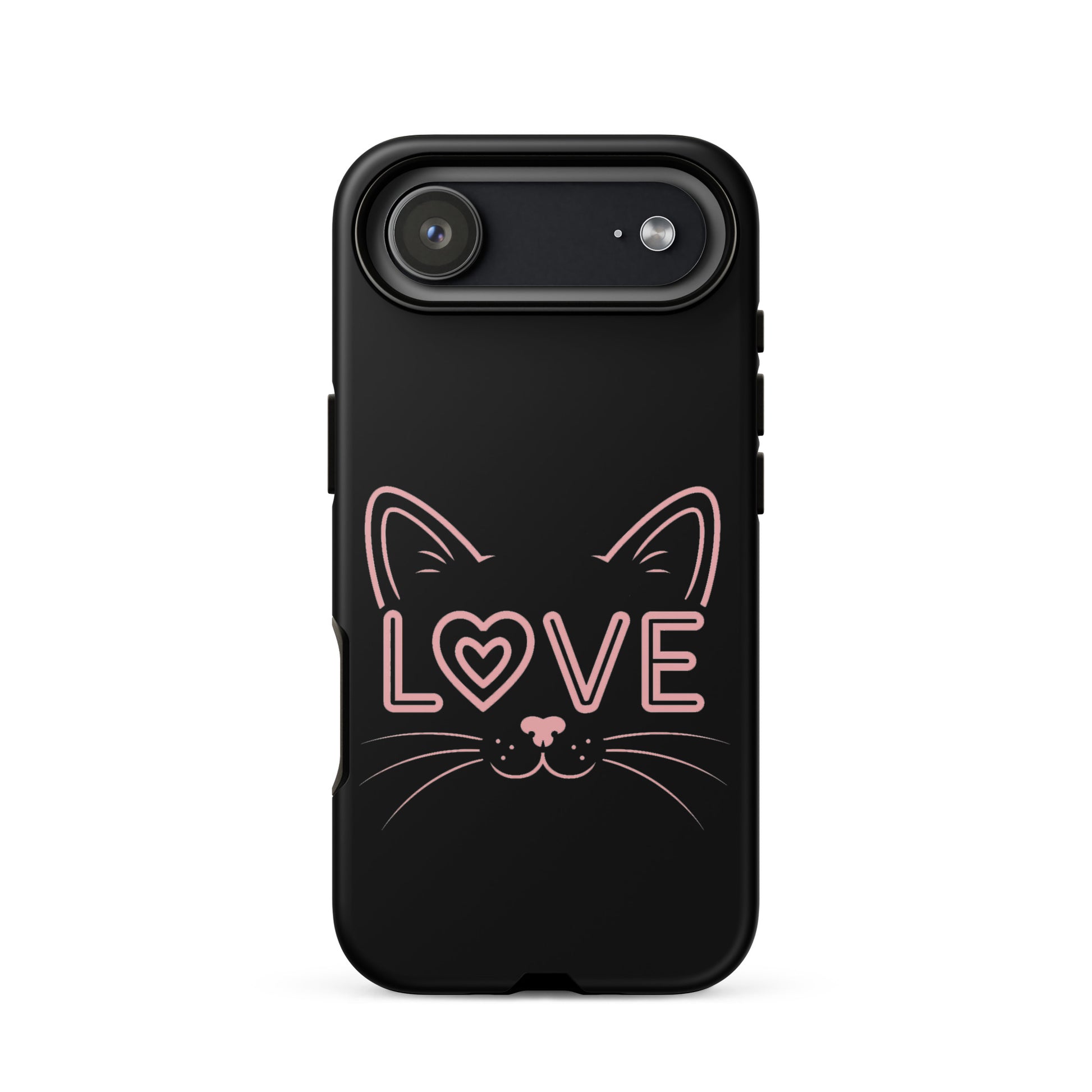 Cat Love Phone Case featuring minimalist cat face design with 'LOVE' in pink on a black background.