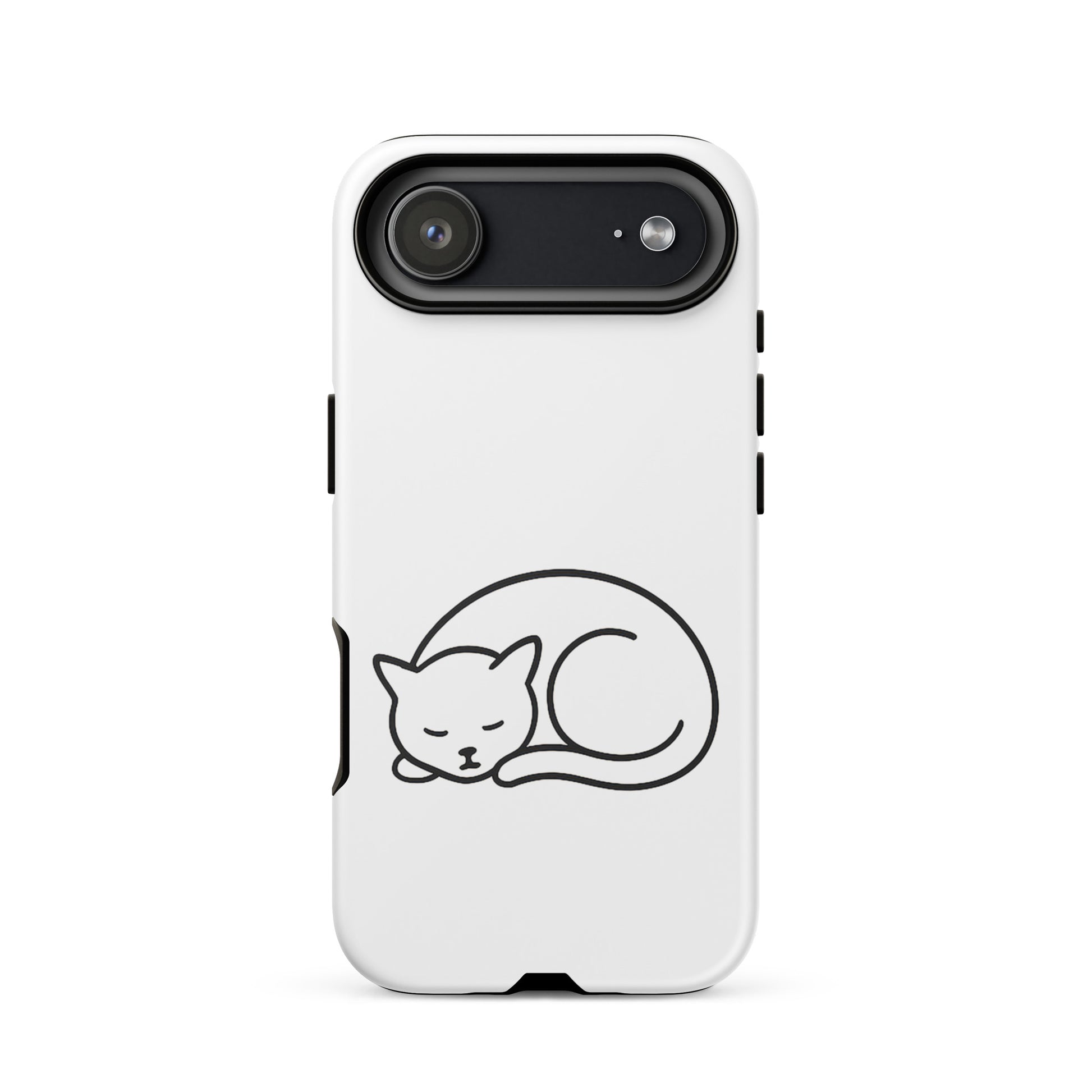 Minimalist curled-up cat design on a durable phone case for iPhone, perfect for style and protection.