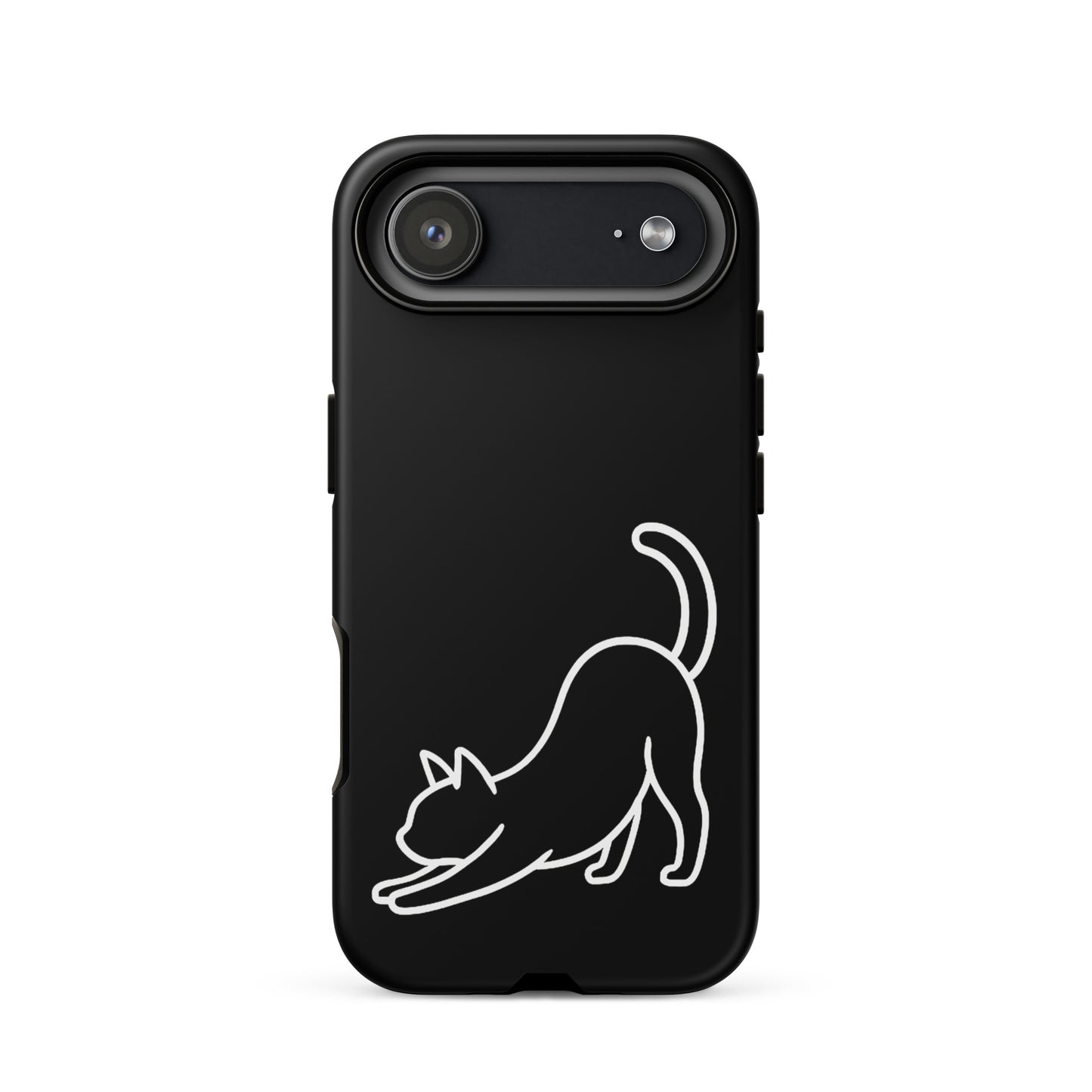 Phone Case featuring a minimalist stretching cat design on a black dual-layer protective case.