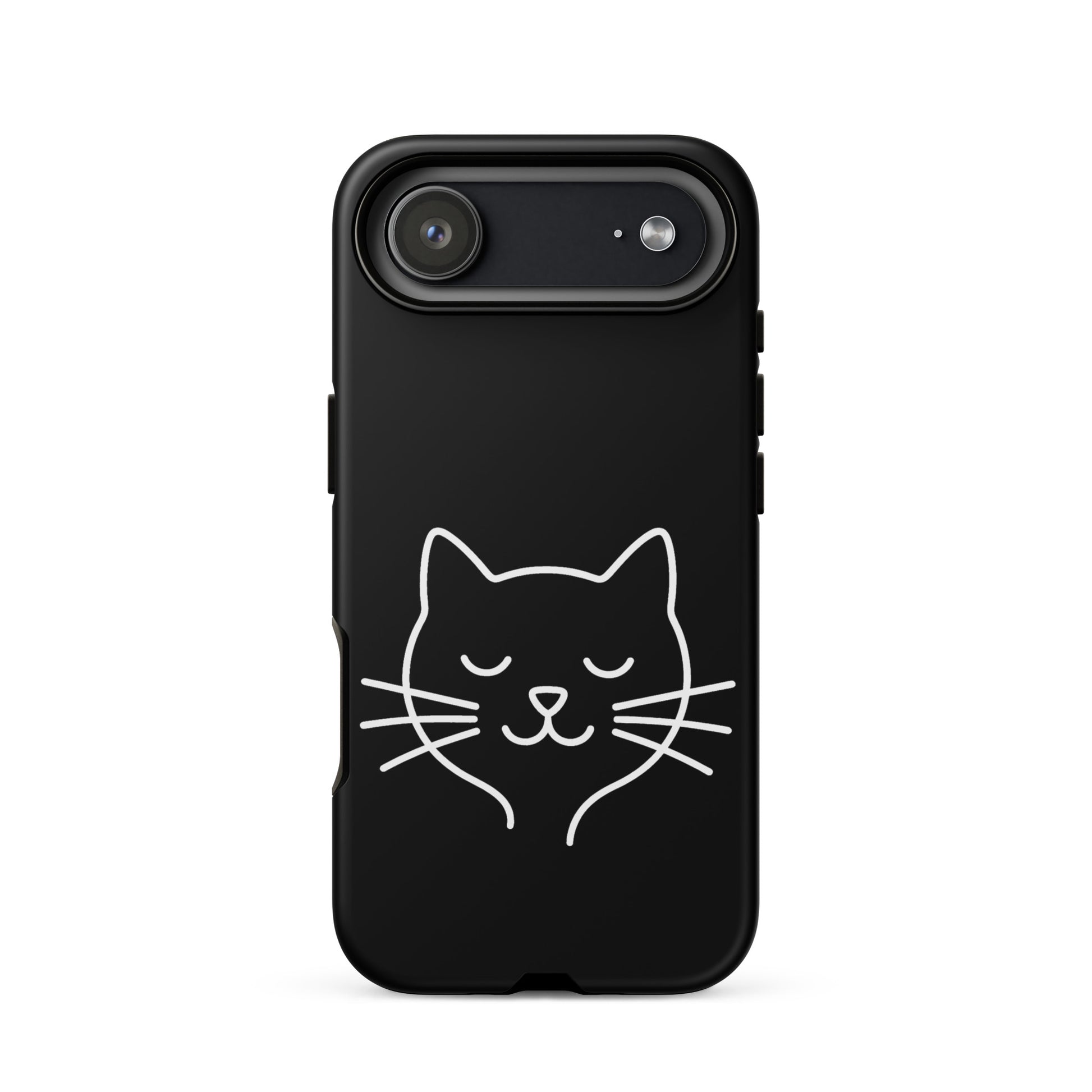 Phone Case for iPhone featuring cute minimalist cat line art design in white on a black background.