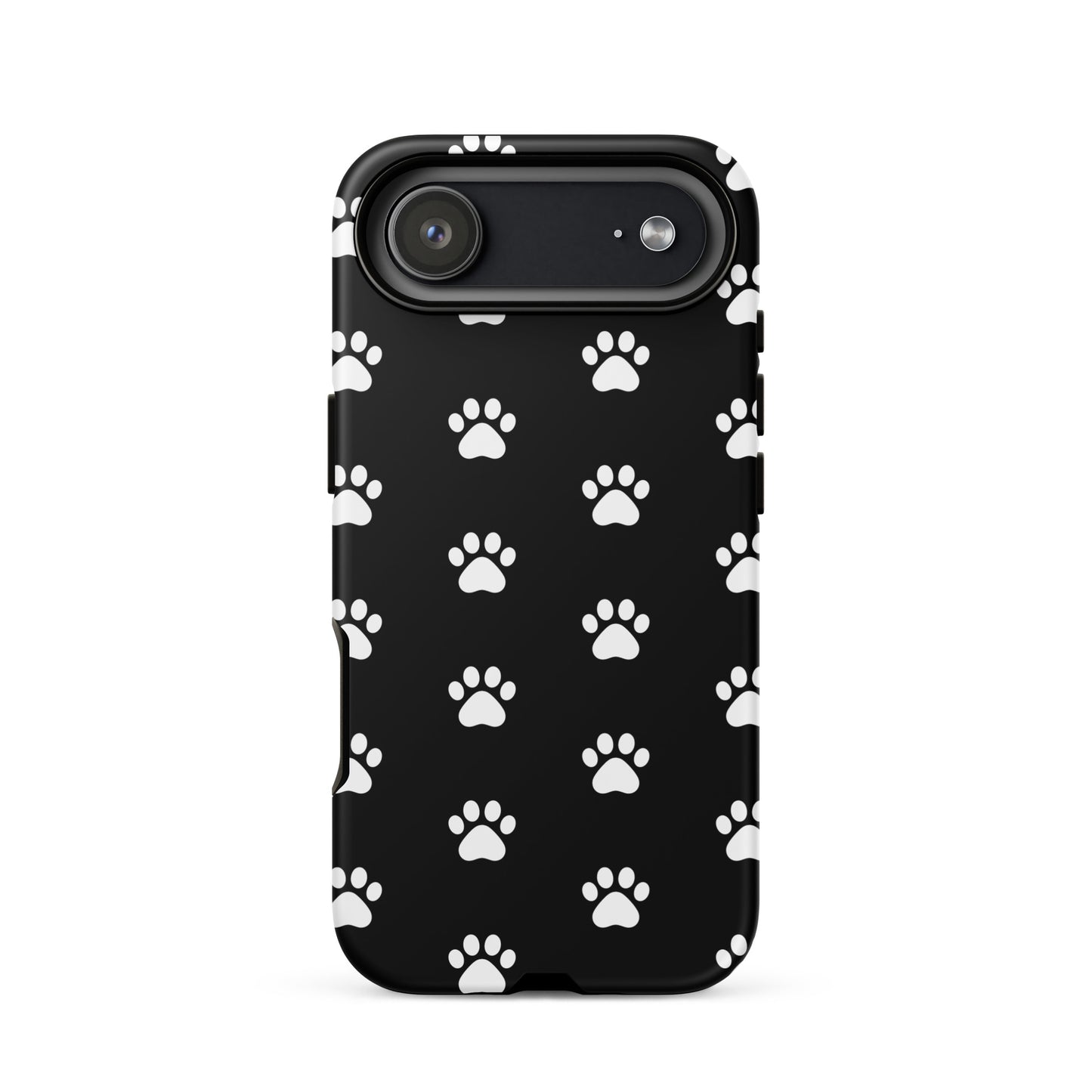 Phone Case for iPhone featuring a stylish black design with white paw prints, perfect for pet lovers.
