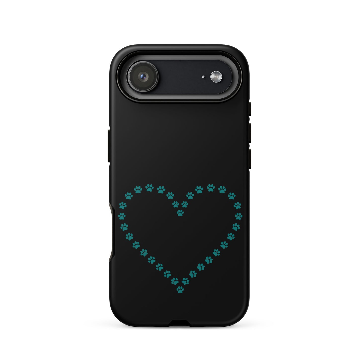 Phone Case for iPhone with cute paw print heart design for pet lovers on a black background.