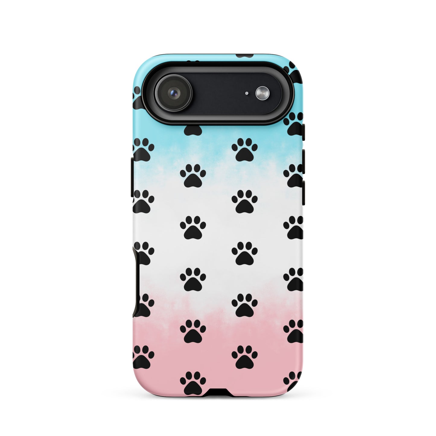 Phone Case for iPhone with playful paw print pattern in black on a pastel gradient background.
