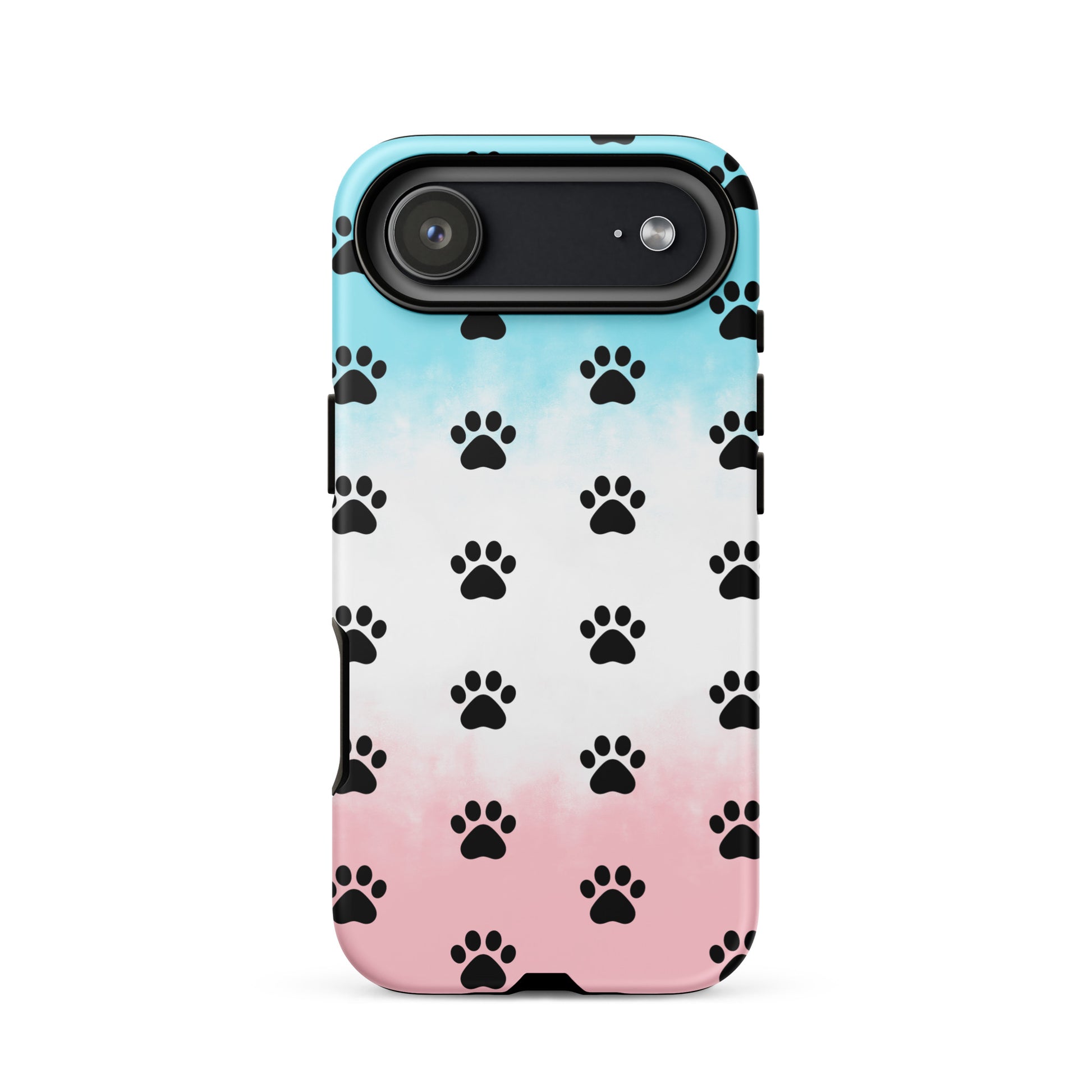 Phone Case for iPhone with playful paw print pattern in black on a pastel gradient background.