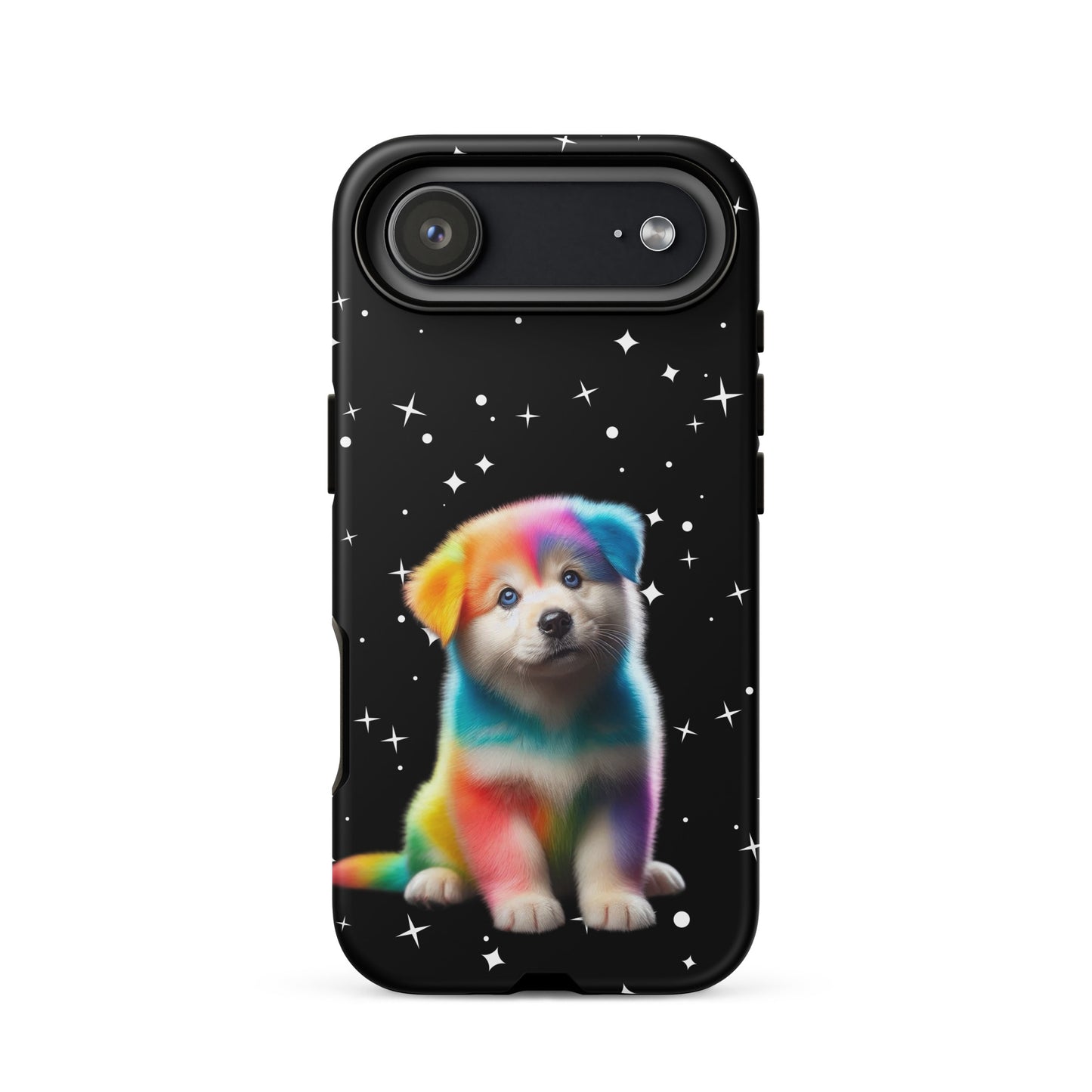 Phone Case featuring a colorful rainbow puppy against a starry night background, perfect for pet lovers.