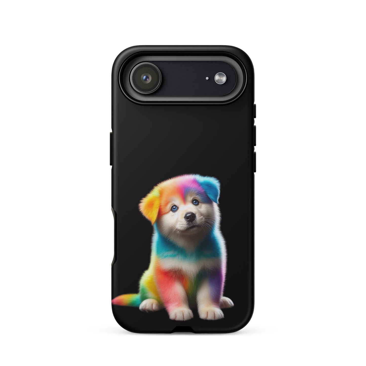 Phone Case featuring a vibrant rainbow puppy design on a sleek black background for iPhone.