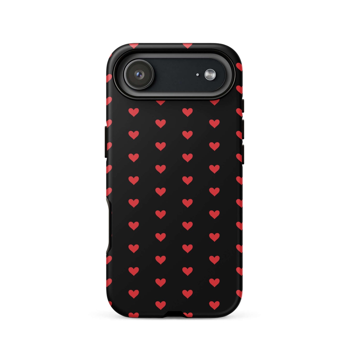 Phone Case for iPhone featuring a black background with a pattern of fiery red hearts.