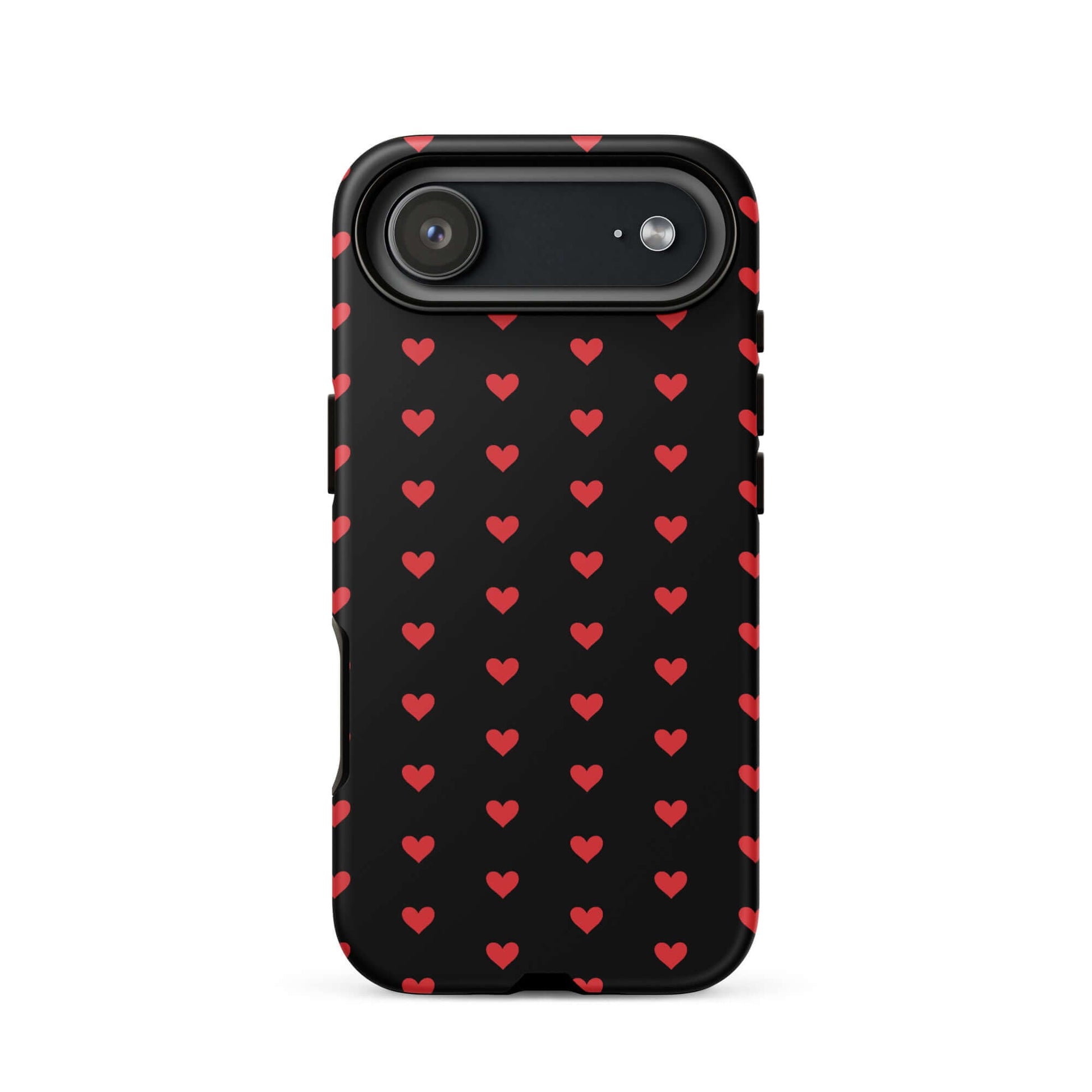 Phone Case for iPhone featuring a black background with a pattern of fiery red hearts.