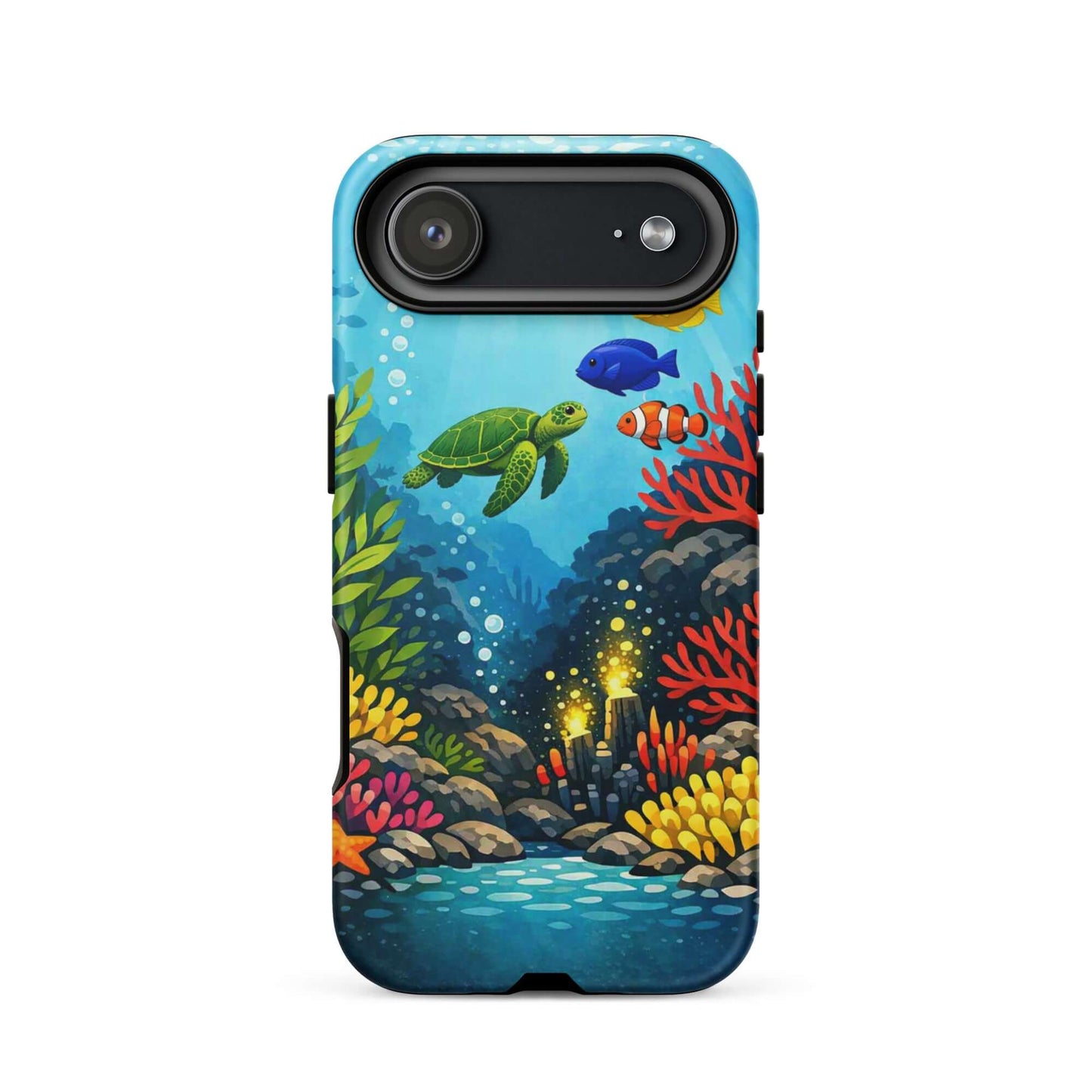 Phone case featuring vibrant sea turtle and coral reef design, adding ocean magic to your device.