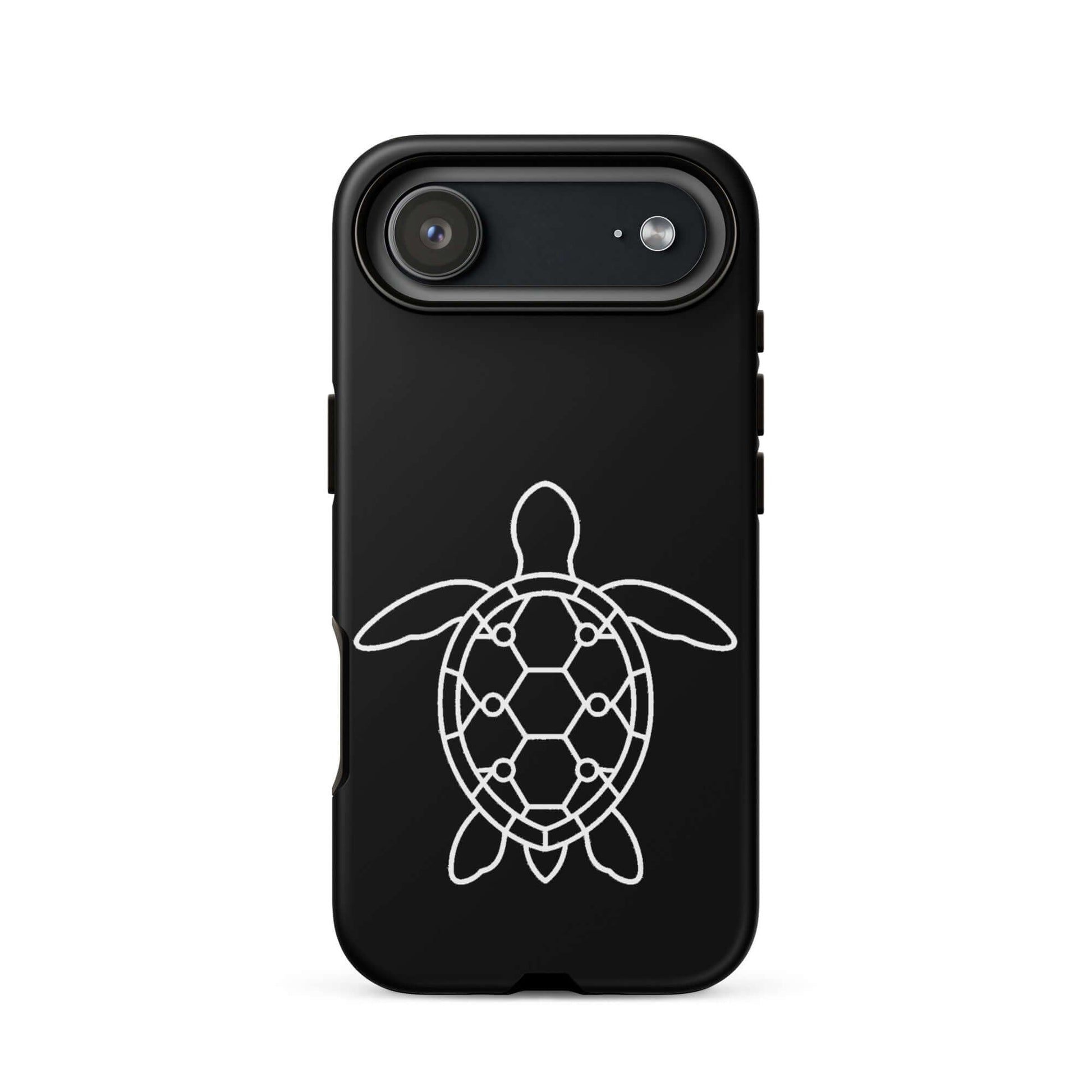 Phone case featuring a minimalist sea turtle silhouette and geometric shell pattern, designed for modern iPhone dimensions.