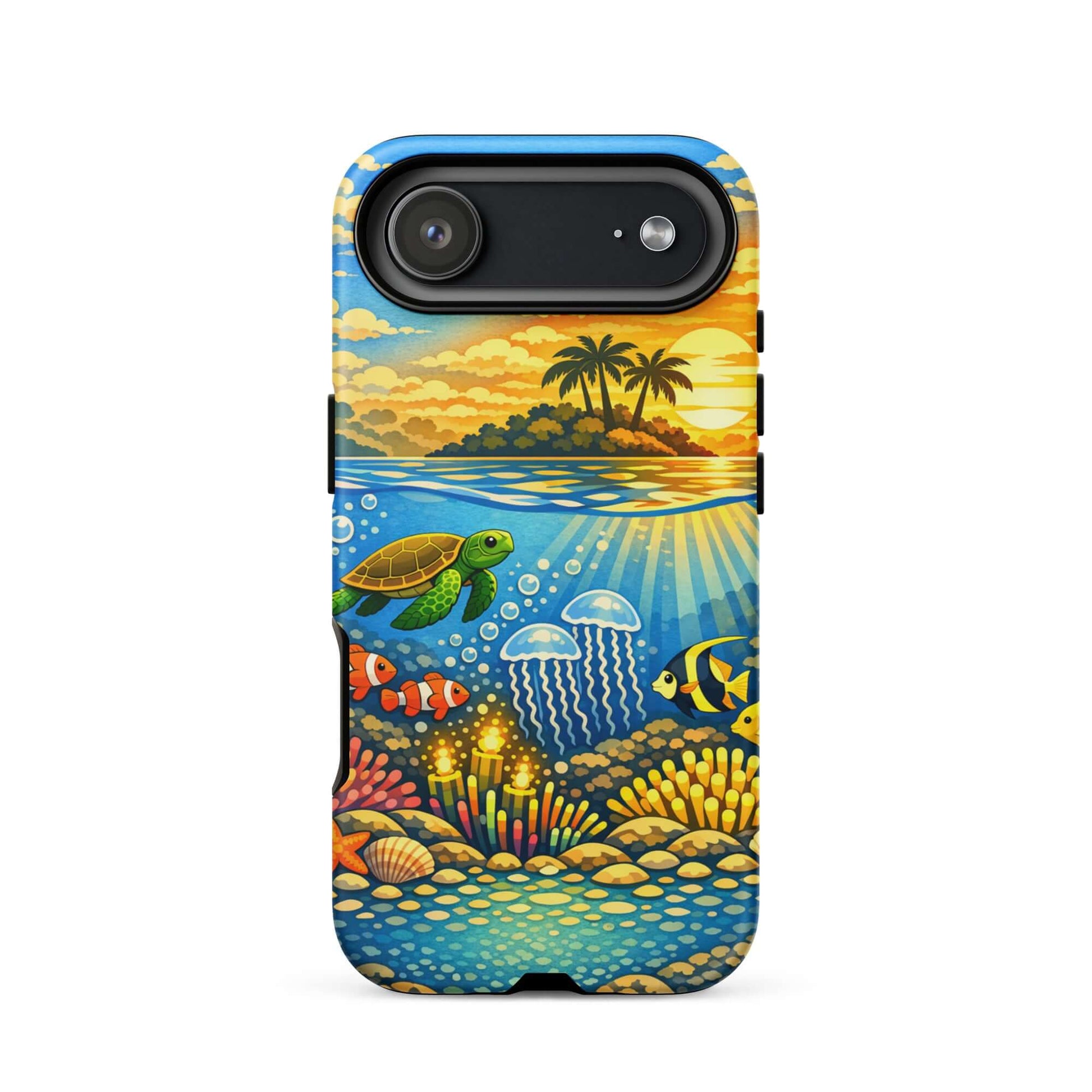 Phone Case featuring a vibrant tropical sunset and lively underwater reef with marine life.